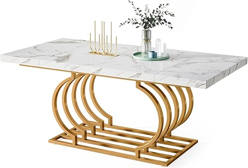 LITTLE TREE Mesa de comedor moderna, mesa de comedor de mármol sintético de 63 pulgadas para 6-8 personas, mesa de cocina blanca y dorada con marco