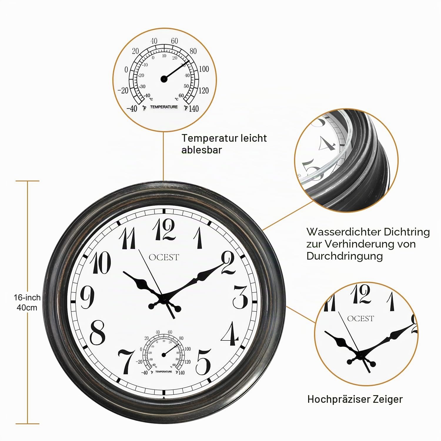 OCEST Große Außen- und Innenuhr, wasserdichte Wanduhr mit Thermometer, wetterbeständig, Nicht tickend, batteriebetrieben, dekorative Uhr für Terrasse, Pool, Lanai, Badezimmer (40 cm)