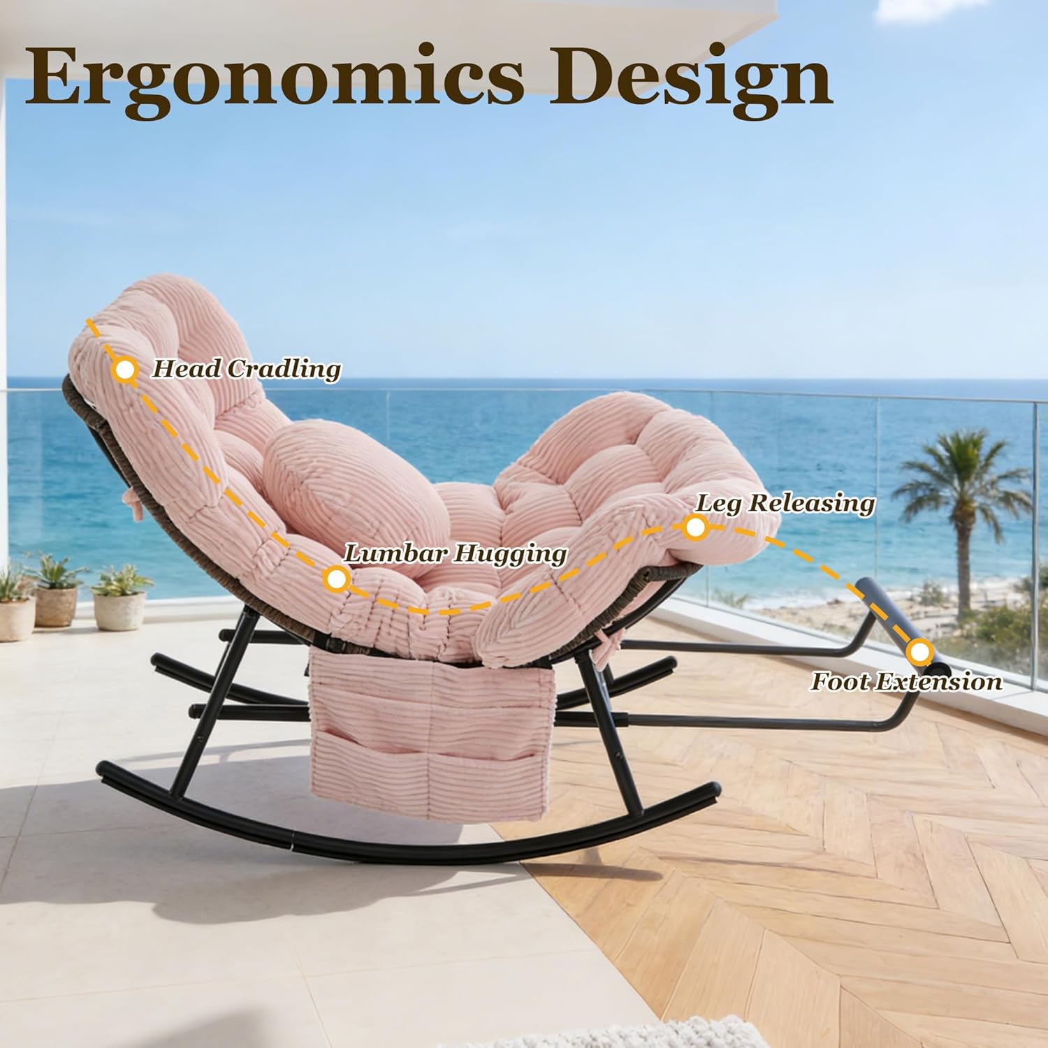 Rocking Chair Nursery, Oversized Patio Rocker Recliner Chair with Footstool, Glider Chair with Pillow & Side Pocket for Living Room, Nursery, Breastfeeding (Pink)