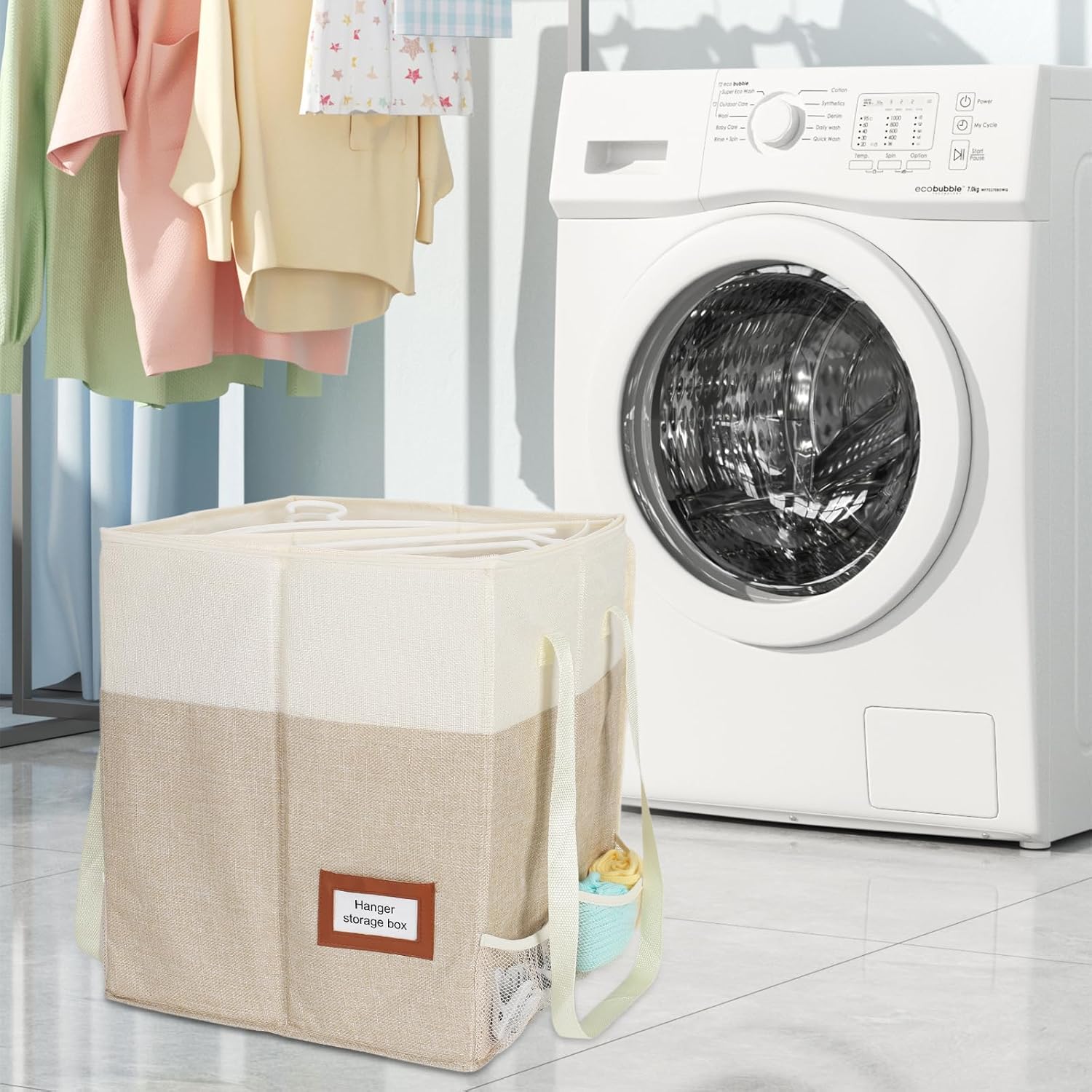 2 Pack Clothes Hanger Organizer Bag with Lid, Rigid Hanger Storage Containers,Hanger Caddy Organizer Box with Handle and Label Window Keep Closet Laundry Rooms Tidy (Beige)