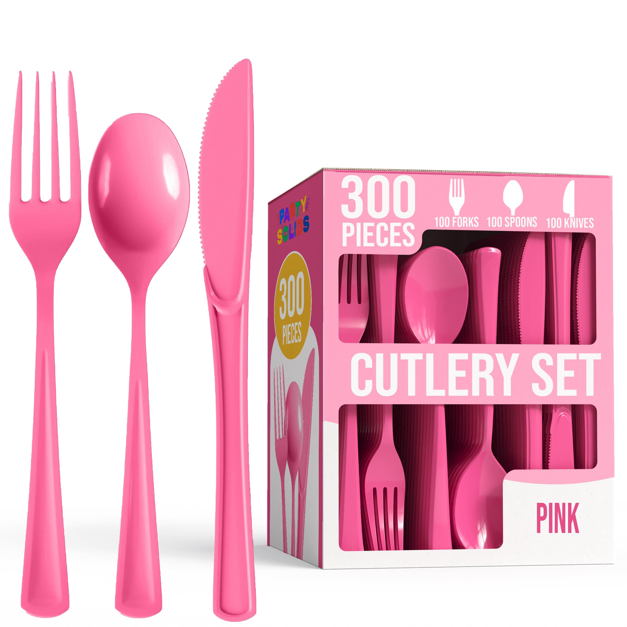 Party Solids Pink Plastic Silverware Heavy Duty 300 Pieces Pink Disposable Silverware Heavy Duty, Utensil Sets, 100 Of Each Forks, Knives & Spoons