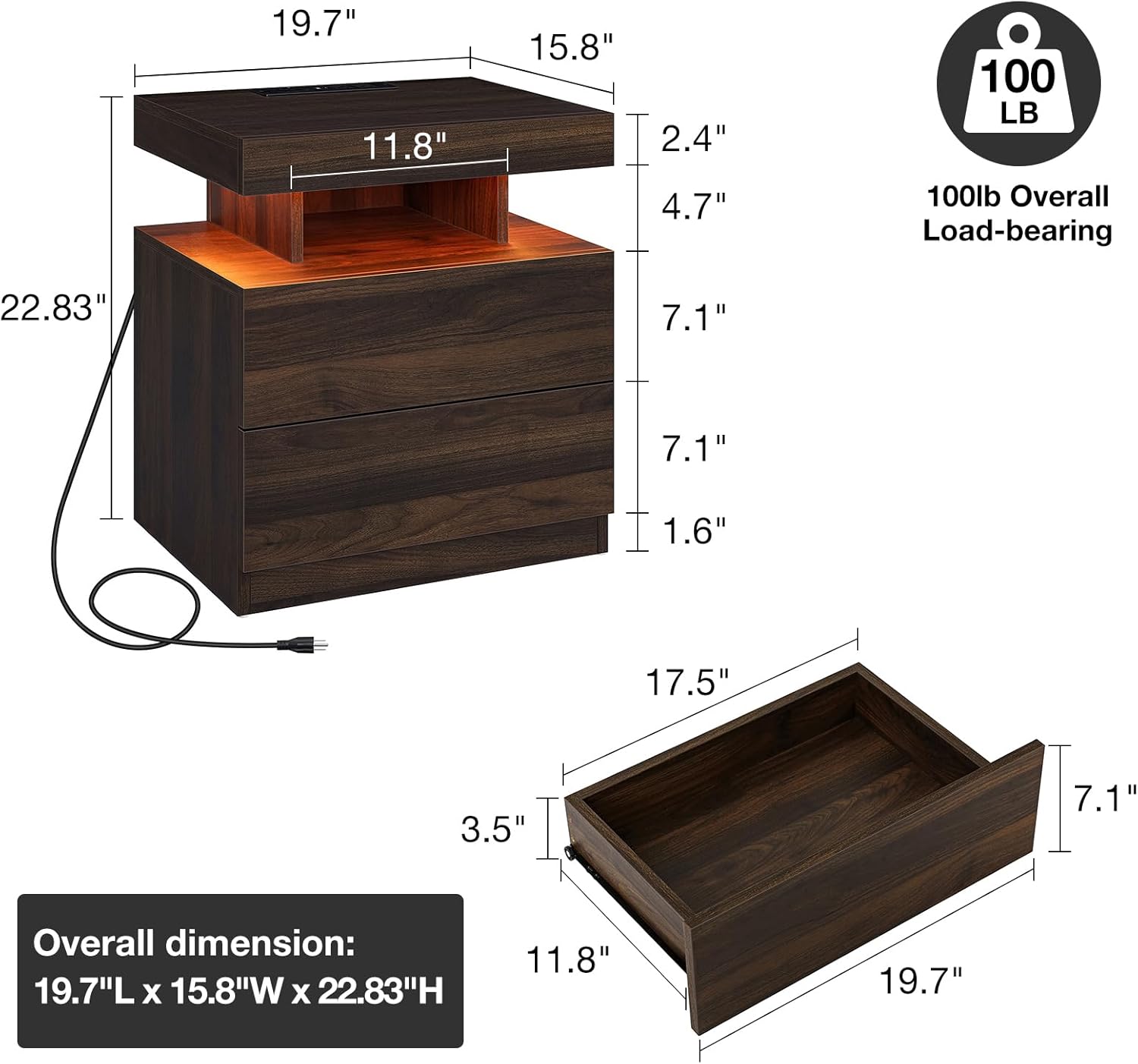 HOMMPA Set of 2 LED Nightstand with Wireless Charging Station Dark Walnut Mid Century Wood Bedside Table with Led Light Smart Nightstand USB Port Night Table with 2 Drawers LED Night Stand for Bedroom
