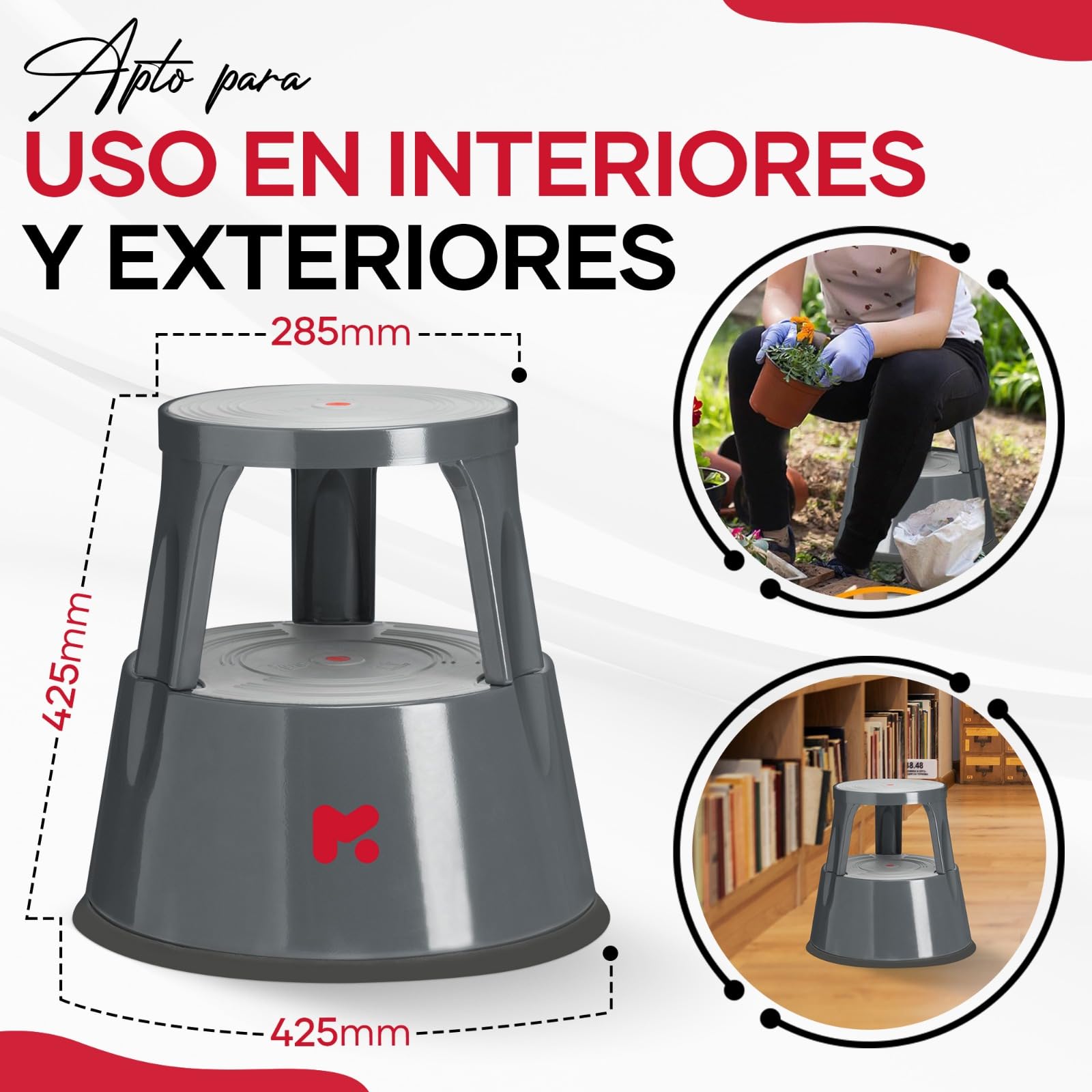 Taburete con Ruedas Bajo y Metálico - Resistente 150kg - Pata de Elefante para Taller - Banqueta Escalera - Elevador para Cocina y Baño