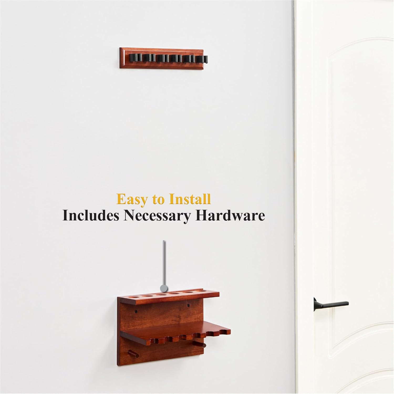 Barrington Billiards Wall Mount Pool Cue Rack, Solid Rubberwood, 6 Cue Slots, Accessory Storage, Easy Installation Hardware