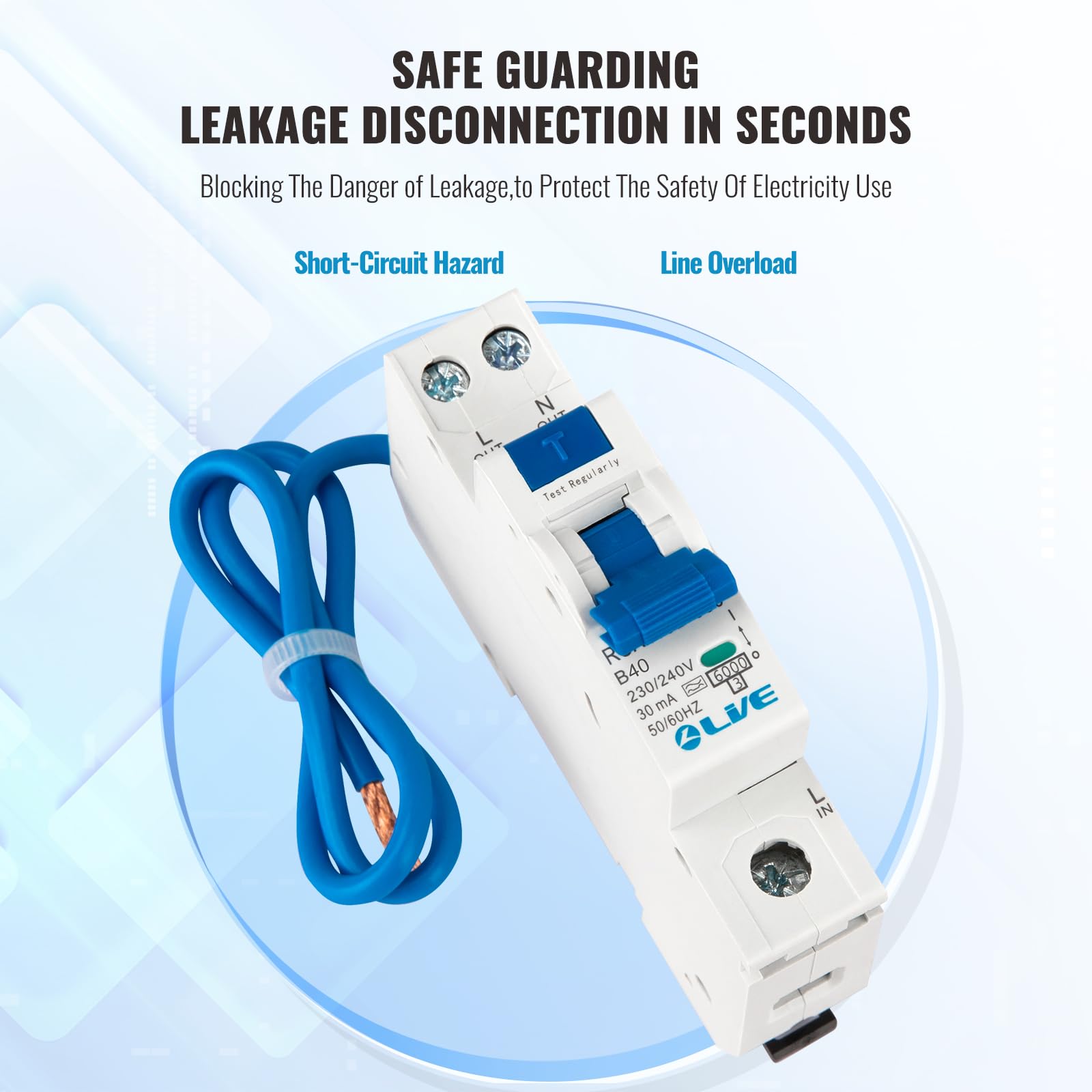 LAIWO Type A-40mA Circuit Breaker, RCD, 40 Amps, Panel Mount, B Curve 30mA Leakage Protection, 6kA Breaking Capacity - Image 3