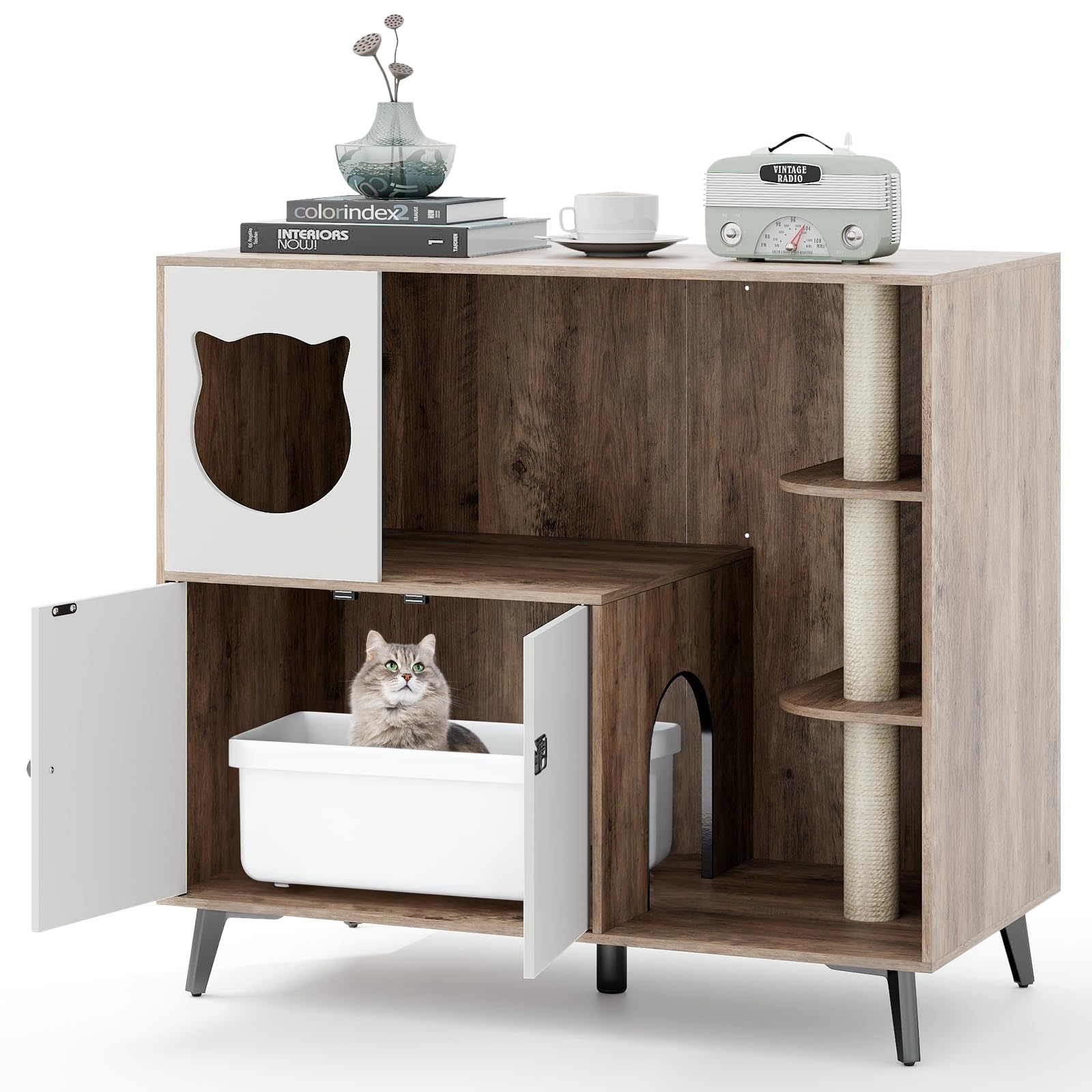 GOPLUS Mueble para Caja de Arena de Gato, Arenero Oculto con Árbol para Gatos, Postes Rascadores de Sisal, Condo, Entrada Curvada con 5 Patas Metálicas, Casa Grande para Gatos de Interior