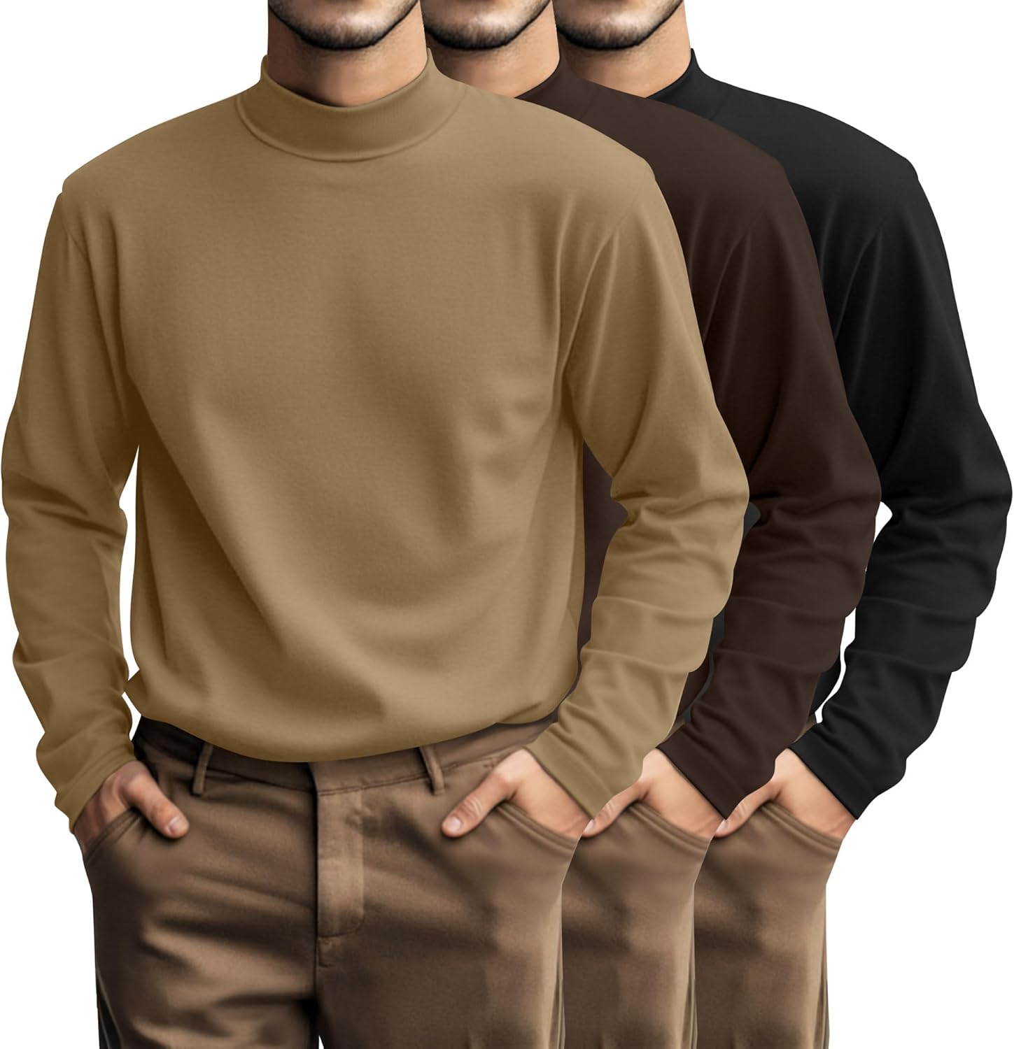 Riyiper 3 Pcs Plus Size Men's Mock Turtleneck Shirt Long Sleeve Turtleneck Pullover Casual Undershirt Basic Base Layer