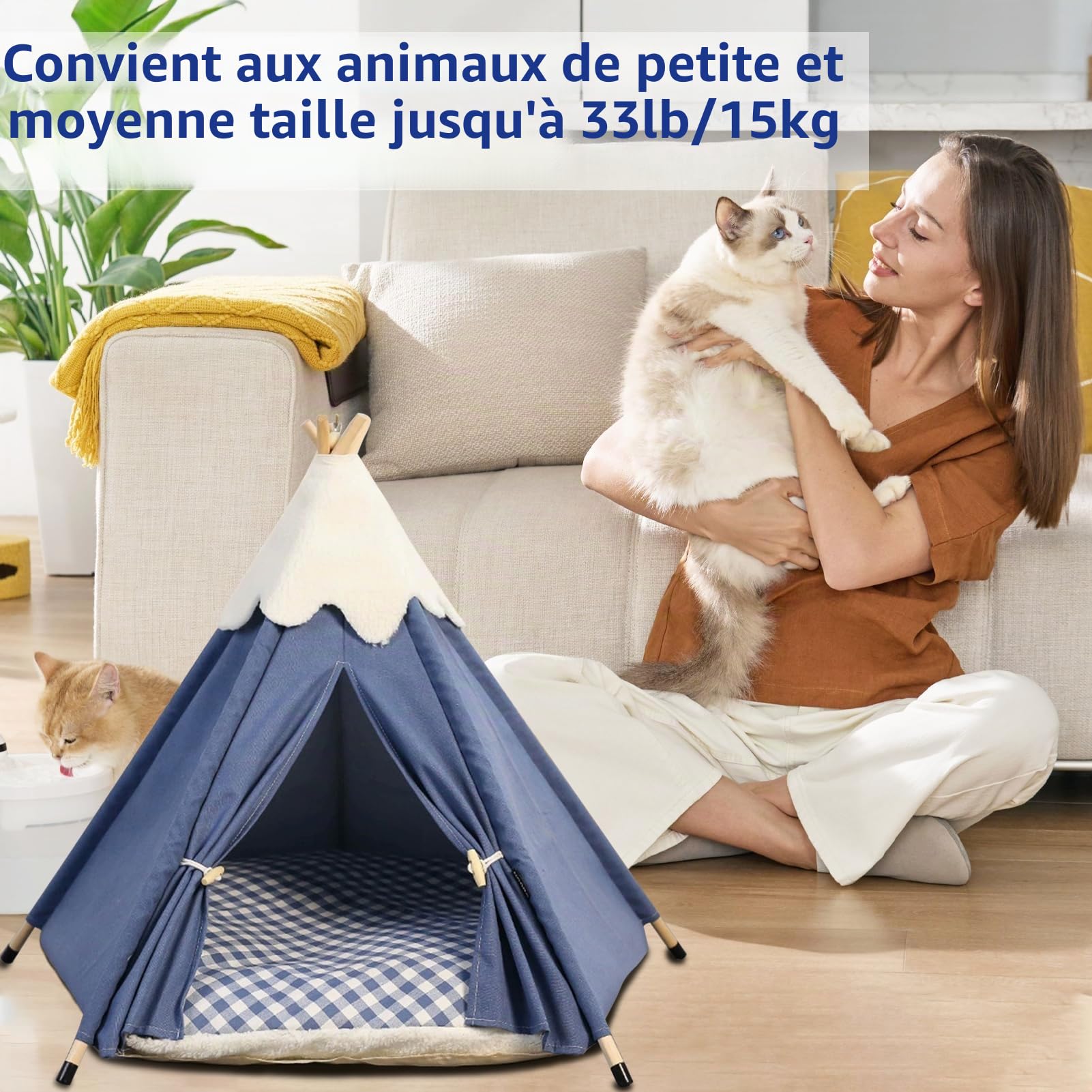 GIBZ Tente Tipi pour Animaux de Compagnie avec Coussin Amovible Jolie Maison Chien Lavable Antidérapant Lit Chat pour Intérieur, Bleu Marine, M