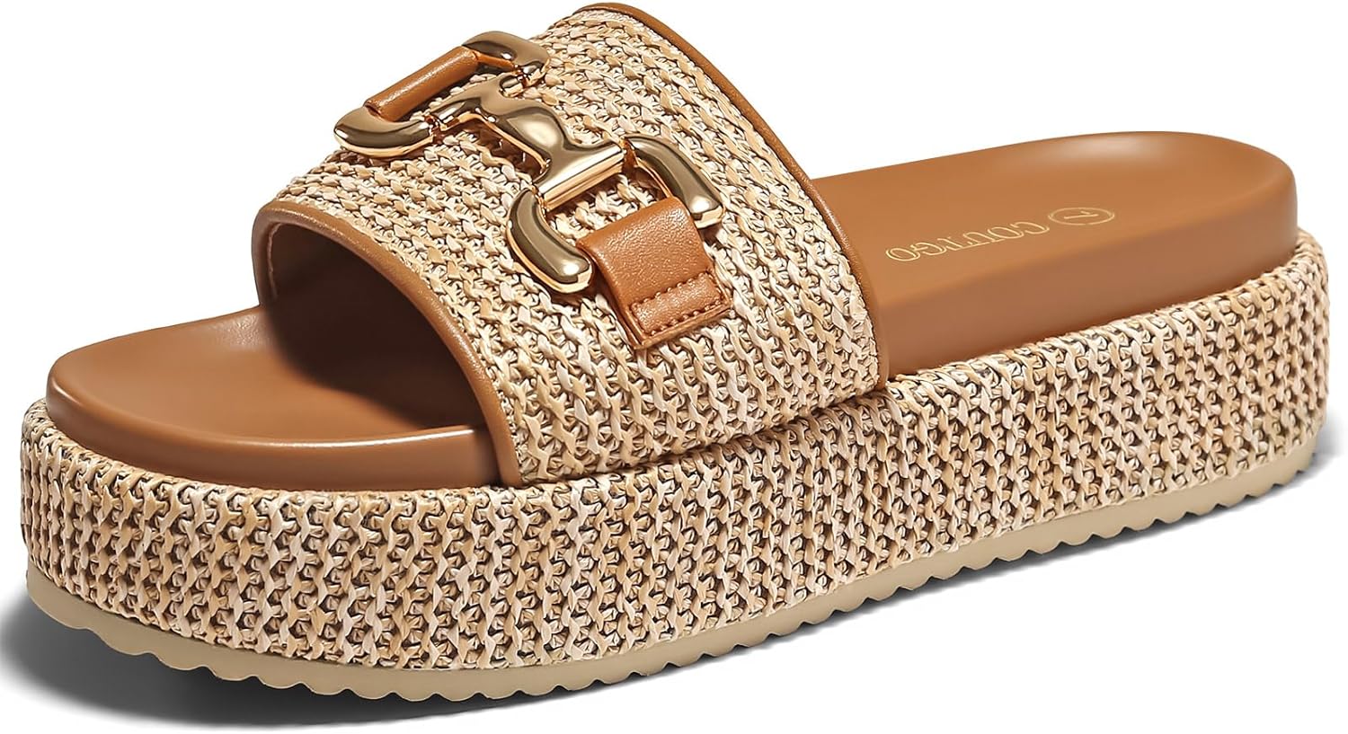 Coutgo Womens Platform Sandals – Raffia Espadrilles Metal Chain