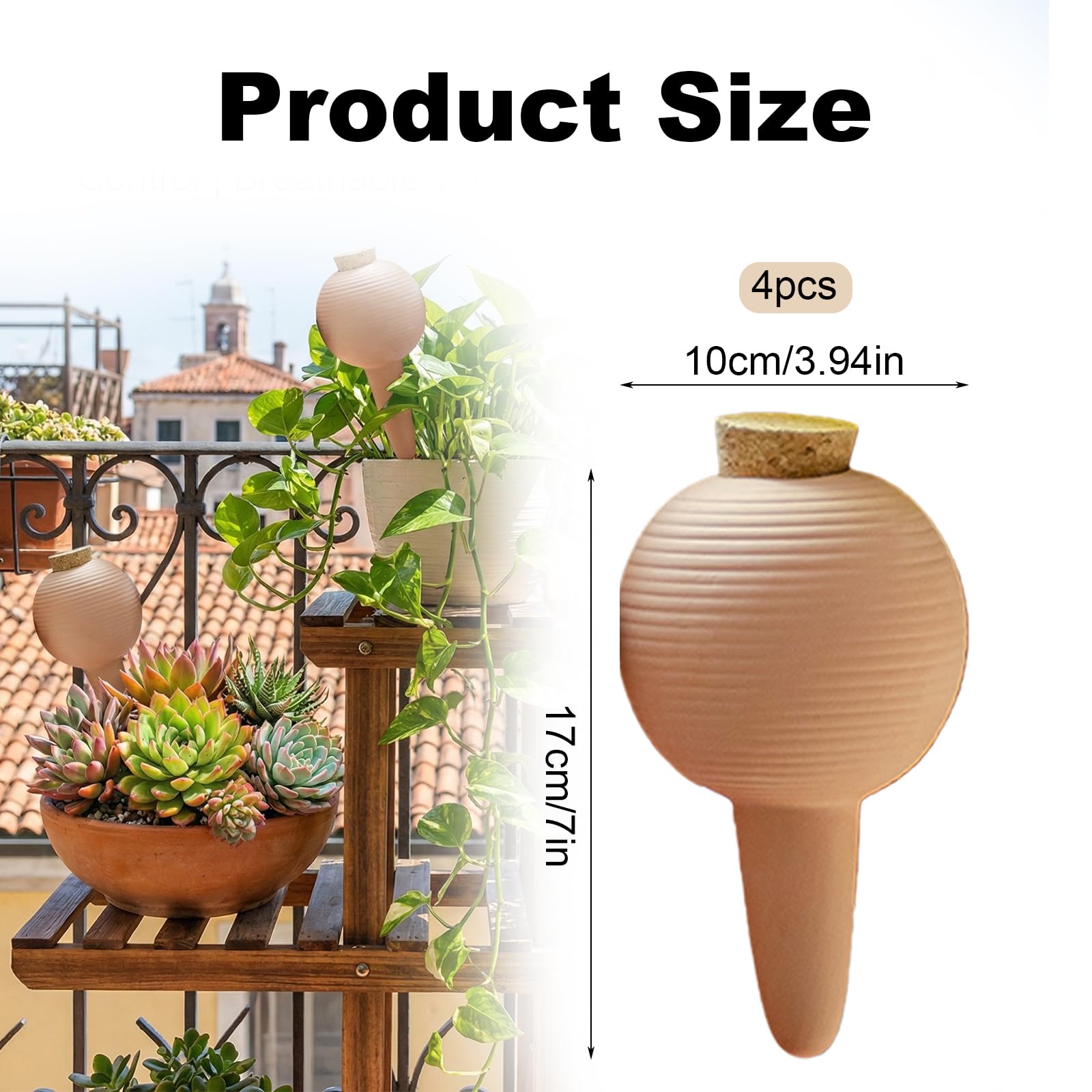 GBKDQQ 4 unidades de riego de conos de arcilla, riego automático de terracota, dispensador de agua de 430 ml con tapón de corcho para plantas de interior, jardineras de balcón