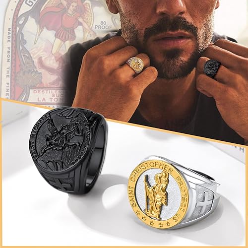 Miniatura 3 de PROSTEEL Anillo de San Miguel, anillo de San Cristóbal, el gran arcángel protector derrotando a Satanás, anillo de amuleto de acero inoxidable para