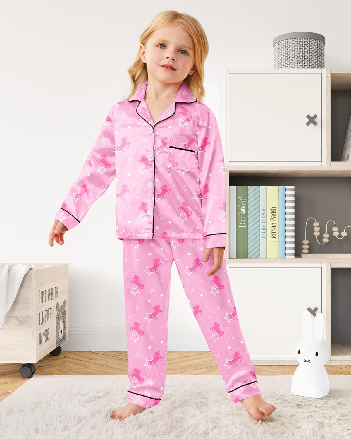 Sylfairy Satin Pajamas for Girls Silky Button-Down Sleepwear Unicorn Nightwear Loungewear PJS Clothes Set Gifts for Kids - Image 2
