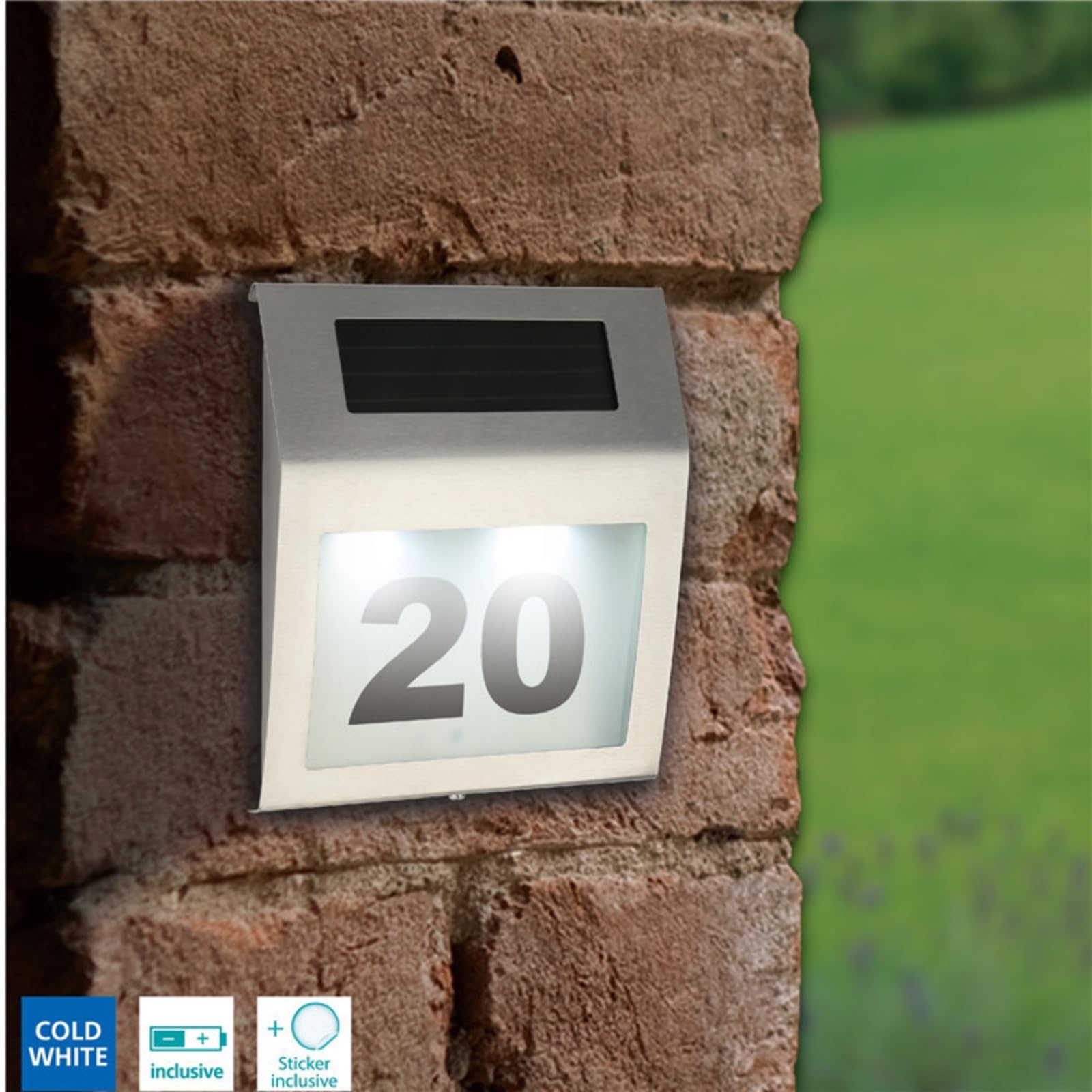 Numero Civico Solare, per indirizzo a LED solare, per numero civico da esterno, supporto parete in acciaio inossidabile per la casa e il giardino