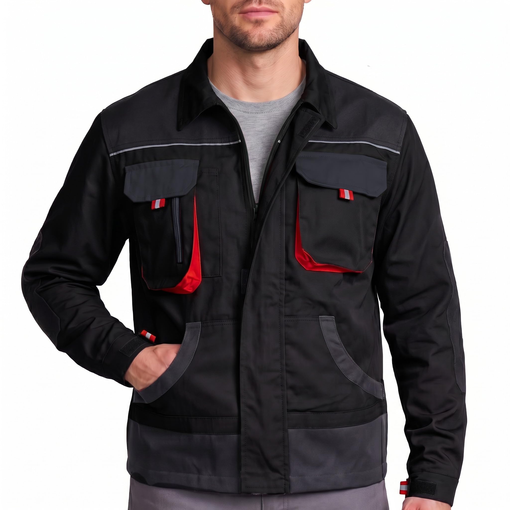 Stenso EM Veste De Travail Homme Blouson Homme - Veste De Travail À Coupe Droite, Design Industriel, Multiples Poches, Renforcée Polyester Oxford, Fermeture Scratch, Fermeture Éclair