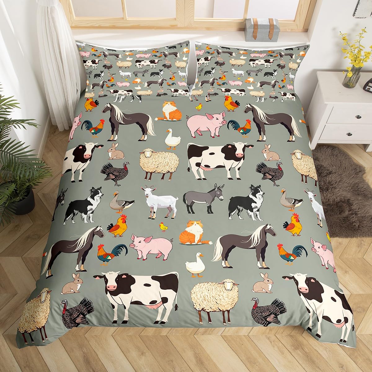 Farm Animals Bedding Set Twin for Kids,Cartoon Farmhouse Animal Theme Duvet Cover for Boys Girls Teens Funny Horse Sheep Cow Comforter Cover Cute Pig Cat Dog Rooster Quilt Cover for All Season,Gray