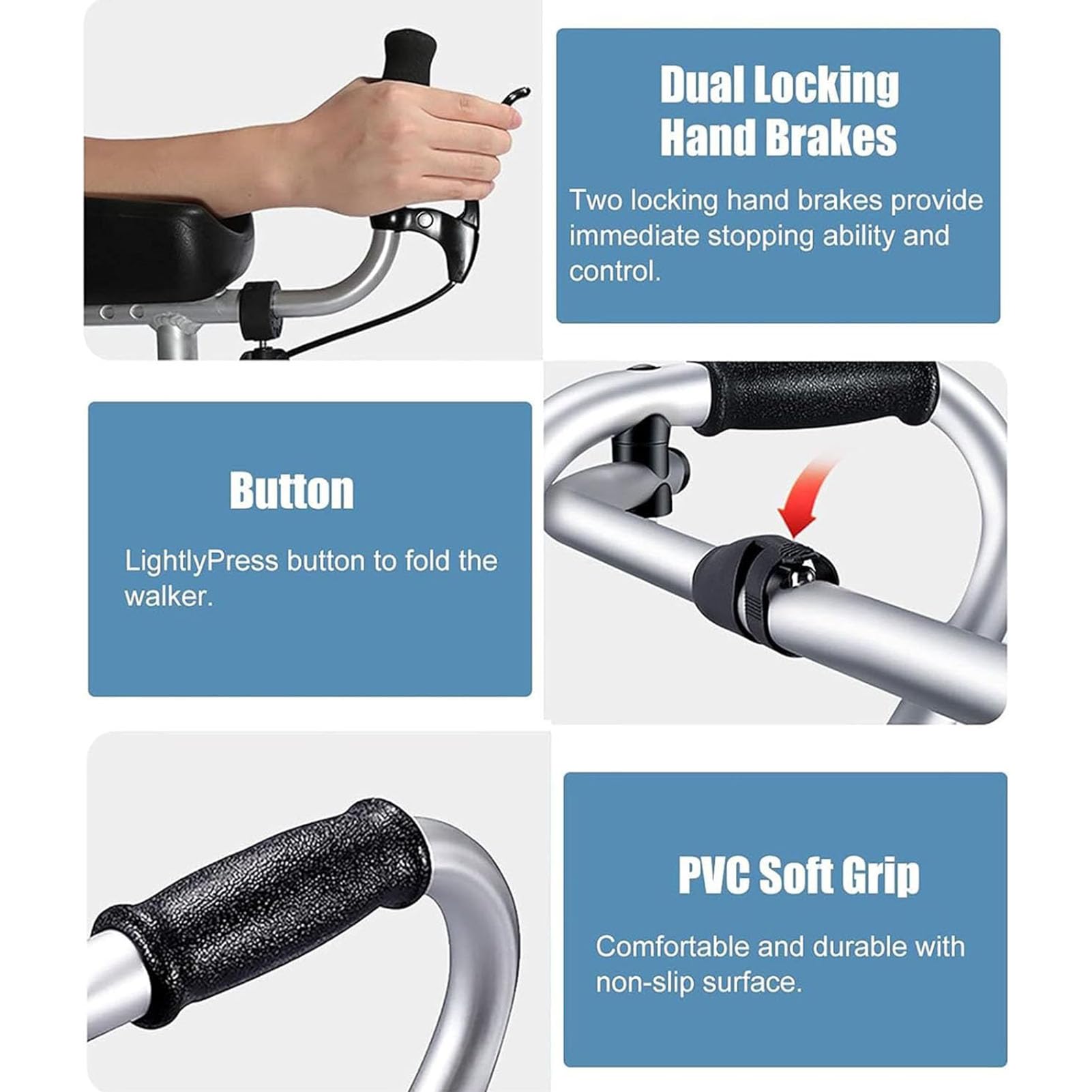 Ayuda para la Movilidad Caminando con Frenos, Andador Vertical Plegable con Asiento, Andador Vertical de Rehabilitación Ajustable en Altura para Adultos Mayores Discapacitados