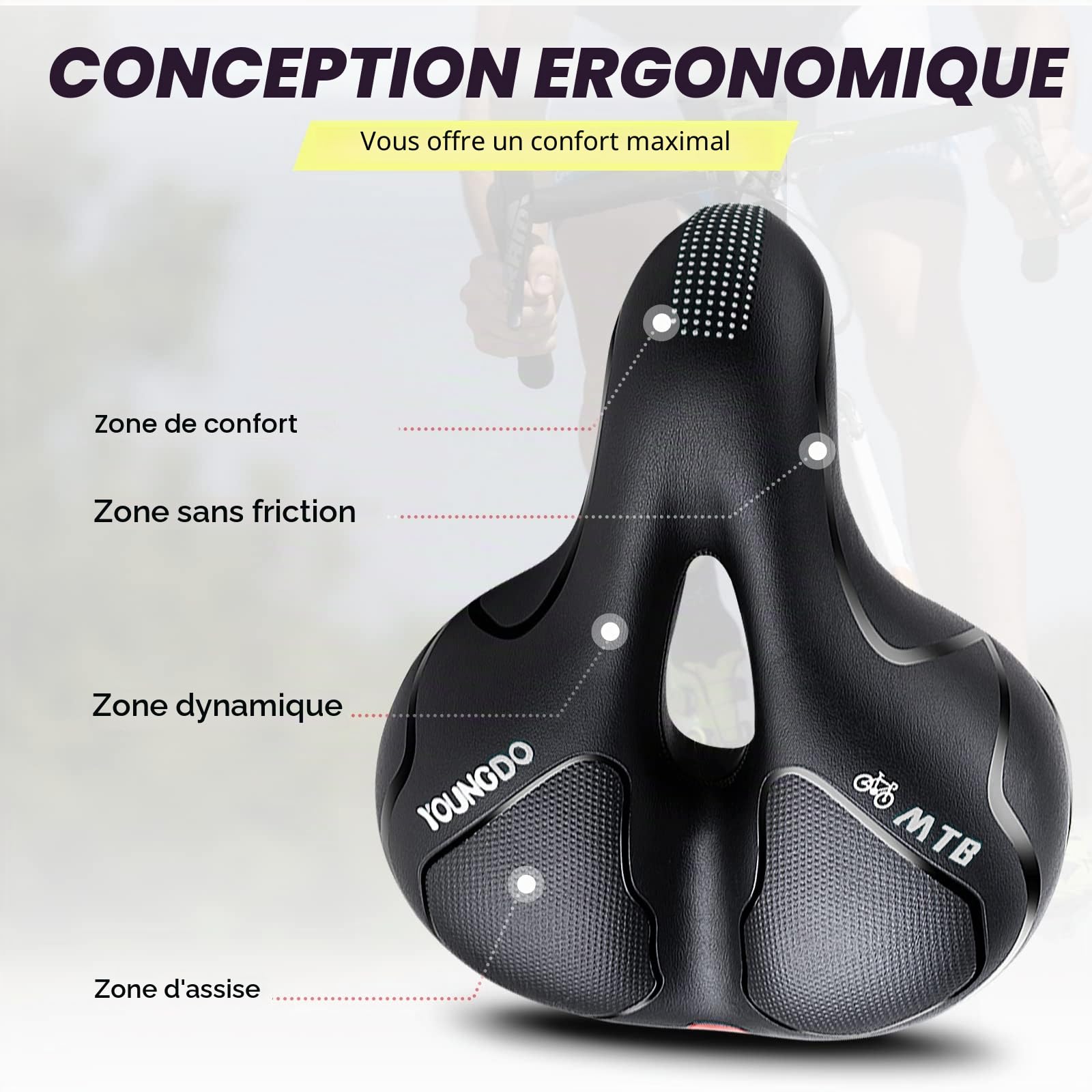 YOUNGDO Selle de Velo Ultra Confortable, Selle Vélo Gel Ergonomique | Boule d'Amortisseur à Double Ressort, Siège de Vélo pour Vélo de Ville, VTT, Bicyclette