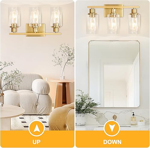 Miniatura 3 de Lámparas de pared doradas de latón cepillado con 3 luces, apliques de pared modernos con pantalla de vidrio transparente, lámpara de pared de baño