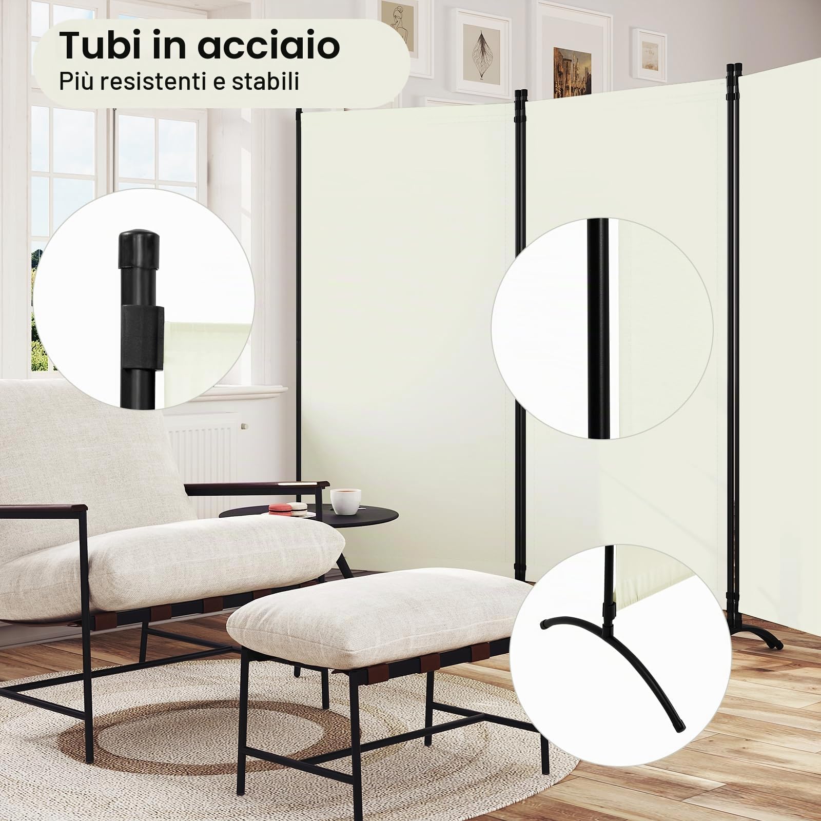 WOLTU Paravento, divisorio per Ambienti, Schermo per la Privacy, autoportante, Schermo in 3 Parti con Telaio in Metallo e Staffa per Ufficio, Balcone, Camera da Letto, Giardino, 255x182 cm, Crema