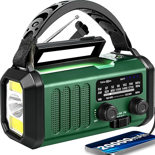 Radio meteorológica de emergencia 20000mAh NOAAAMFM con 74000 mWh USBsolarcarga de manivela, funciona con pilas, alarma SOS y linterna para