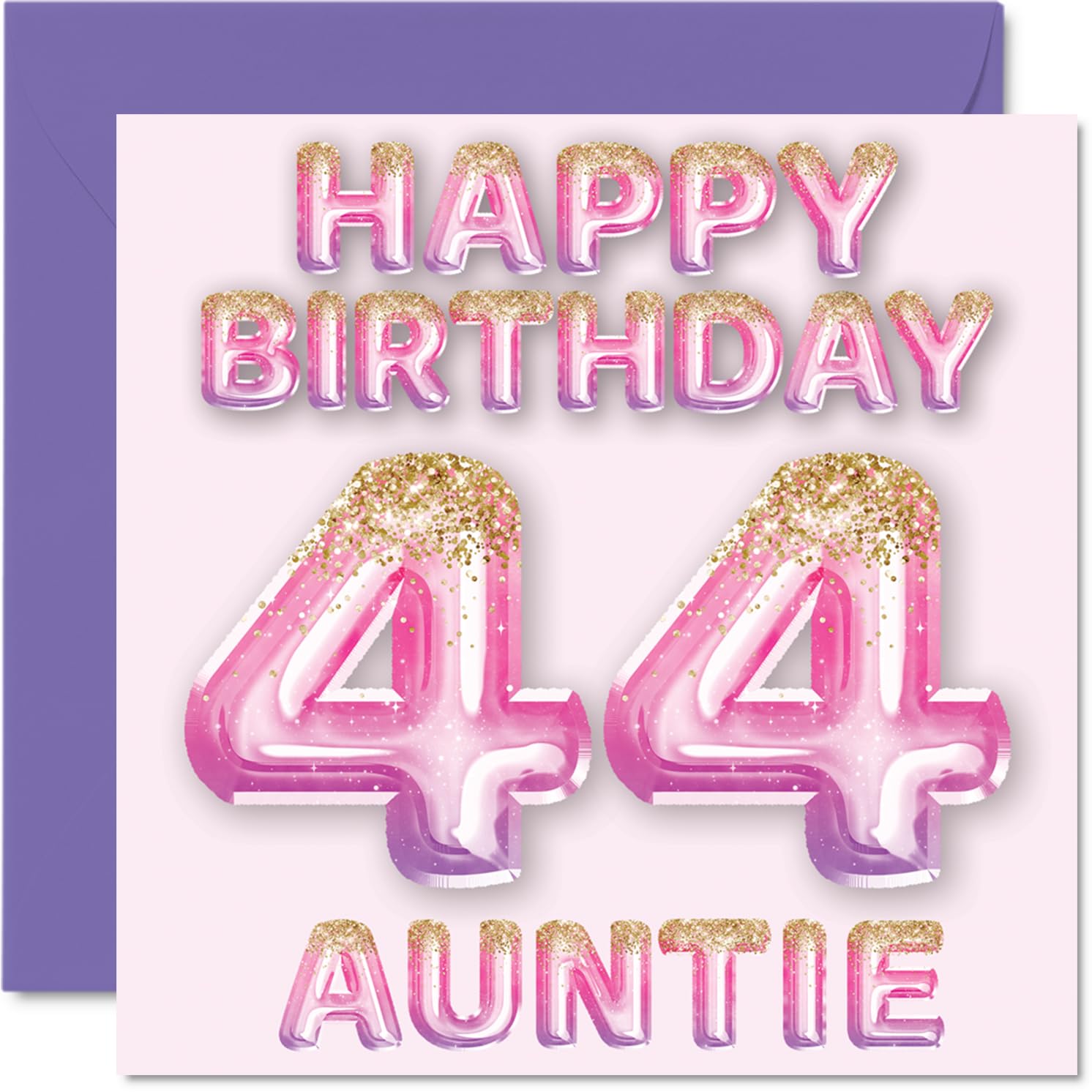 44th Birthday Card for Auntie - Pink & Purple Glitter Balloons - Happy Birthday Cards for 44 Year Old Aunt Aunty from Nephew Niece, 145mm Bday Greeting Cards Gift