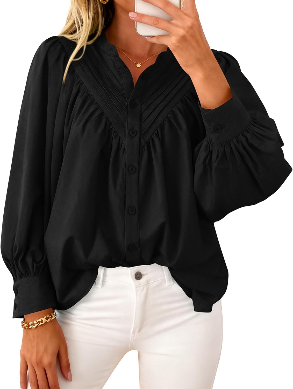 KIRUNDO Blouses for Women Dressy Casual Fashion Clothing Long Sleeve Shirts Loose Fit Button Down Pleated Boho Going Out Tops