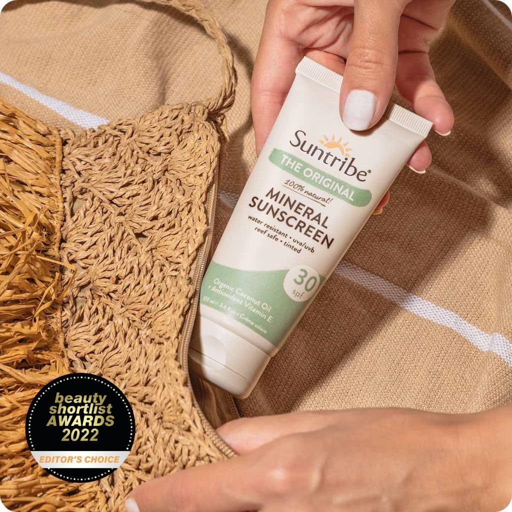 Crema Solare Naturale Minerale FPS 30 Suntribe - 100 ml, Tinta, Biologica - 100% Naturale & Sicura per i Coralli, Non-Nano Ossido di Zinco, Resistente all'Acqua - Vincitore Beauty Shortlist Awards