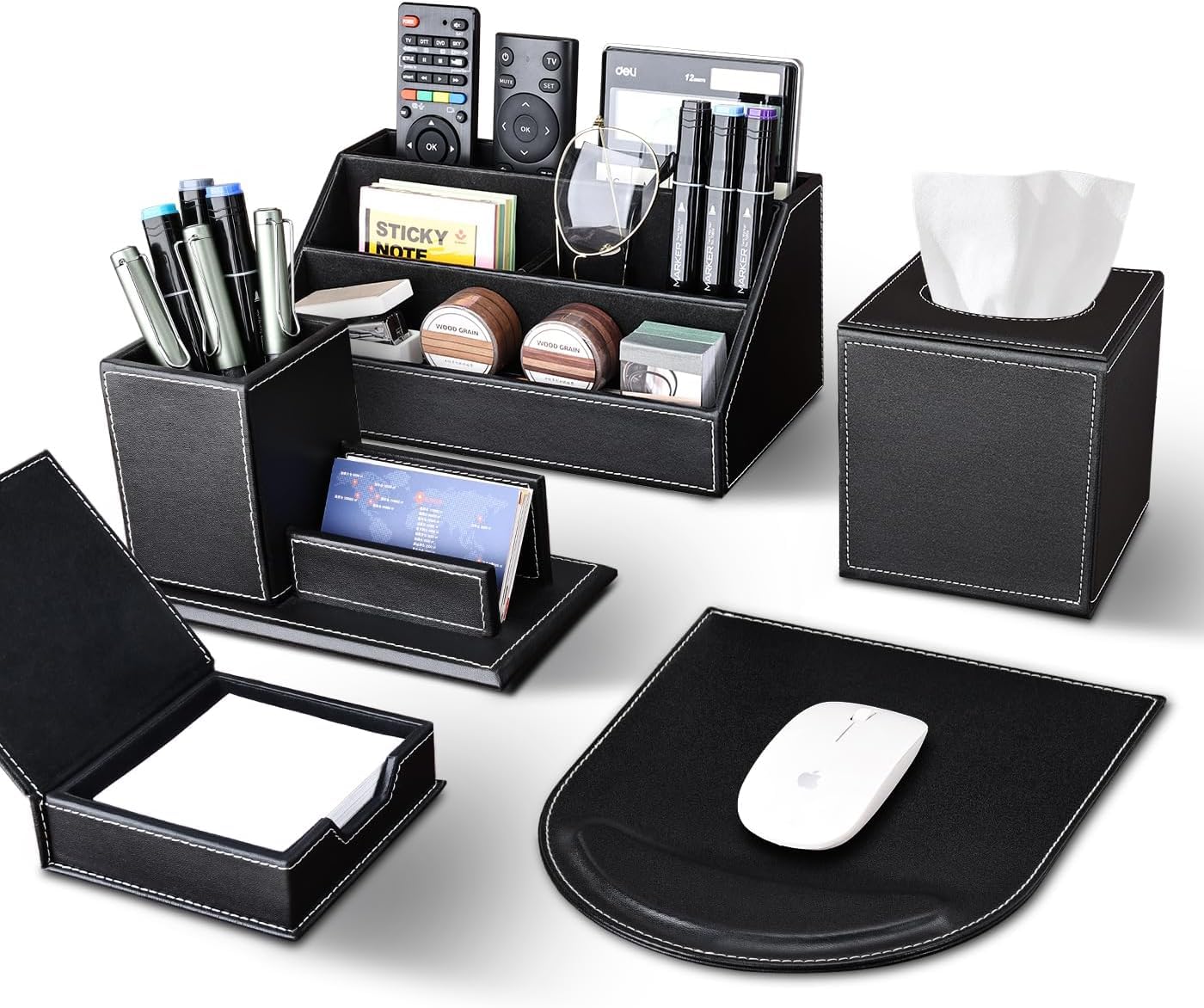 KINGFOM 5 Pezzi Organizer da scrivania, Set scrivania ufficio, Portapenne, Accessori scrivania ufficio in pelle PU