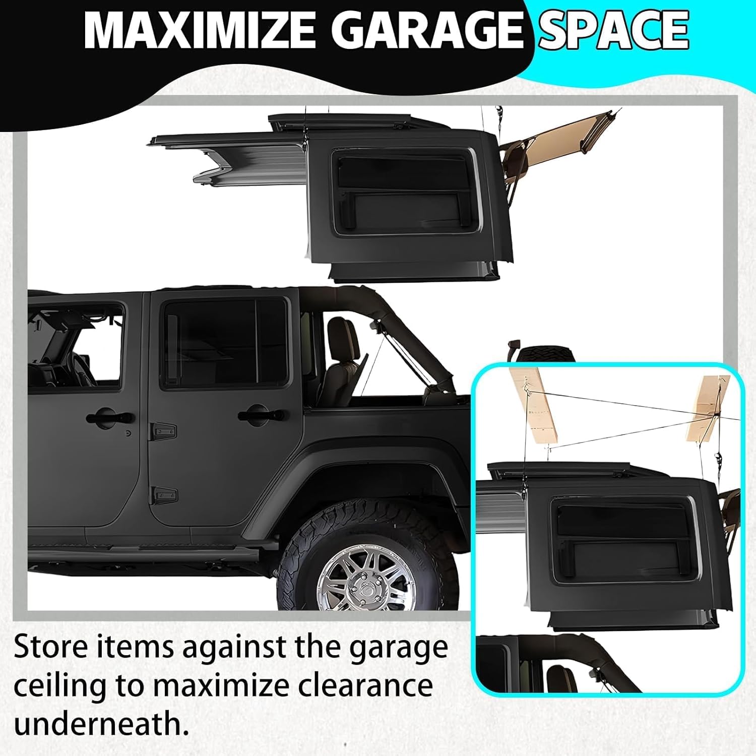 Hard Top Removal Lift for Jeep Wrangler JL JK Models and Ford Hardtop, Easy One-Person Auto Lock Anti-Drop Hoist with Multi-Use Overhead Storage, Supports 8 to16 ft, Ceilings Bonus 6 T Knobs Included