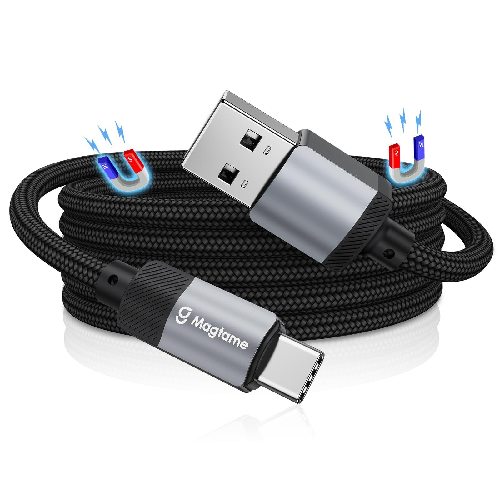 Magtame Cavo USB C magnetico USB A a USB C per i_Phone 15 Pro Max Plus, cavo a spirale intrecciato tipo C cavo di ricarica rapida per Samsung, per Pad, prodotto brevetto, nero