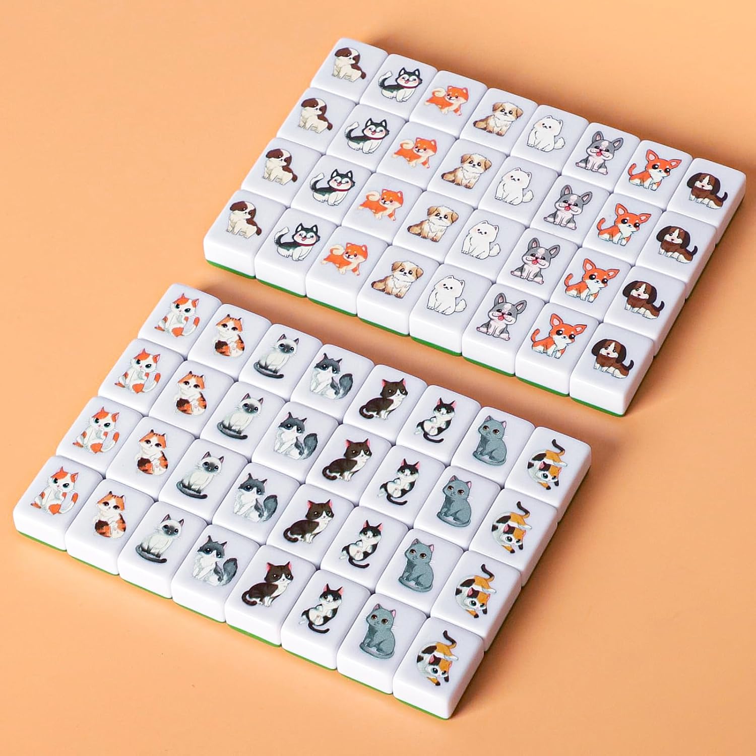 GRACIAS 4 Players Mahjong Block Set, 128 Green Tiles(1.18”) with Animal and Food Pattern, Portable Mahjong Set with A Carry Bag, Mahjong Tile Game