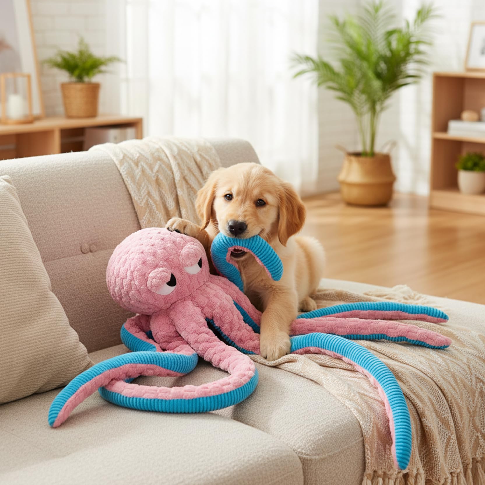 Octopus Hundespielzeug, 101,6 cm, interaktives quietschendes Hundespielzeug für aggressive Kauer, weicher, hautfreundlicher Plüschkrake zur Linderung von Langeweile, reduziert Angstzustände