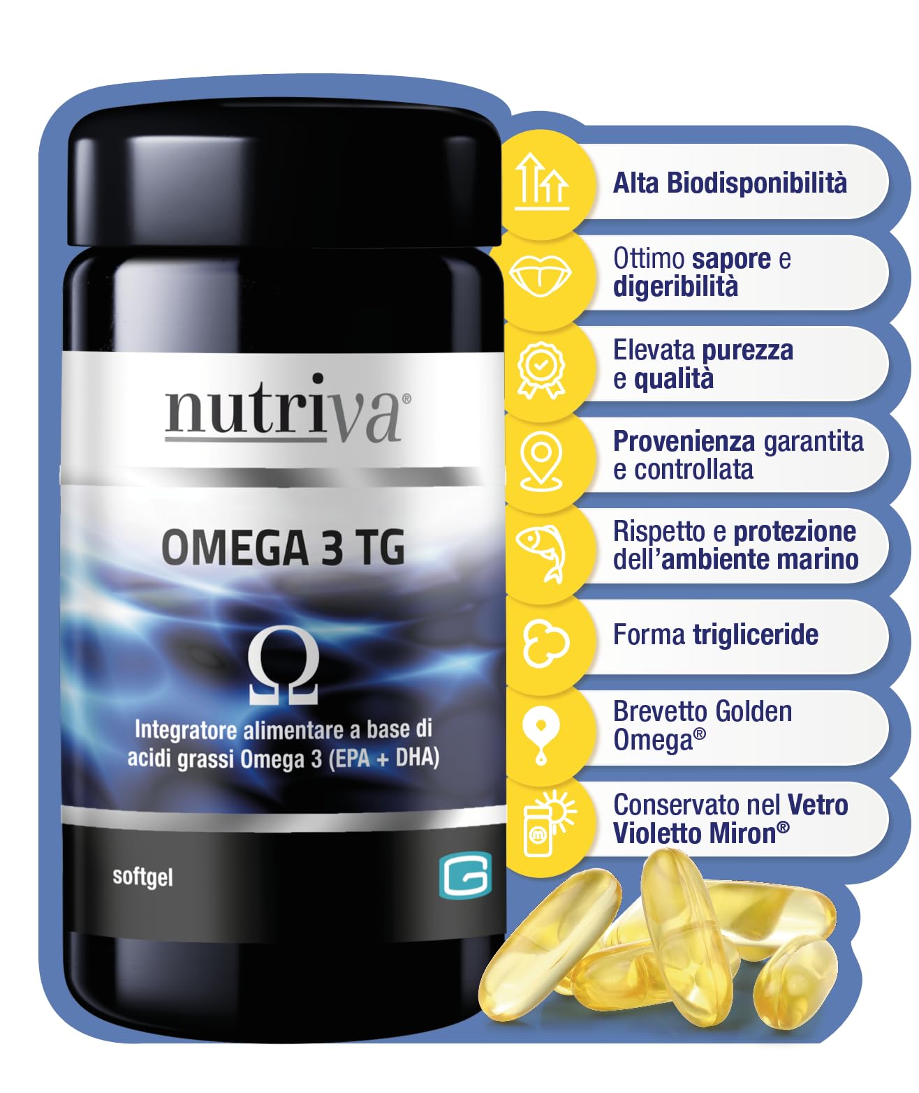 NUTRIVA Omega 3 TG, Integratore Alimentare Ricavato da Olio di Pesce, Ricco in Acidi Grassi Omega 3, Ideale per il Benessere del cuore e cervello - 220 Softgel