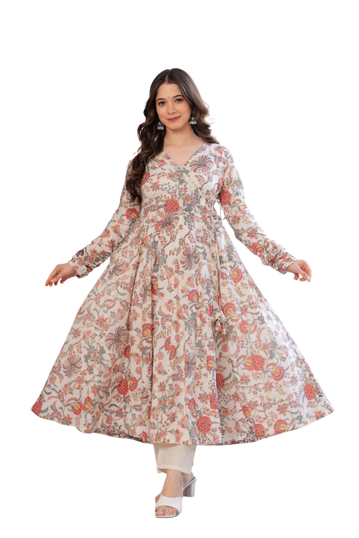 Floral Print Long Anarkali Suit, Full Sleeve V-Neck, Cotton Maxi Length, Beige-picture-31
