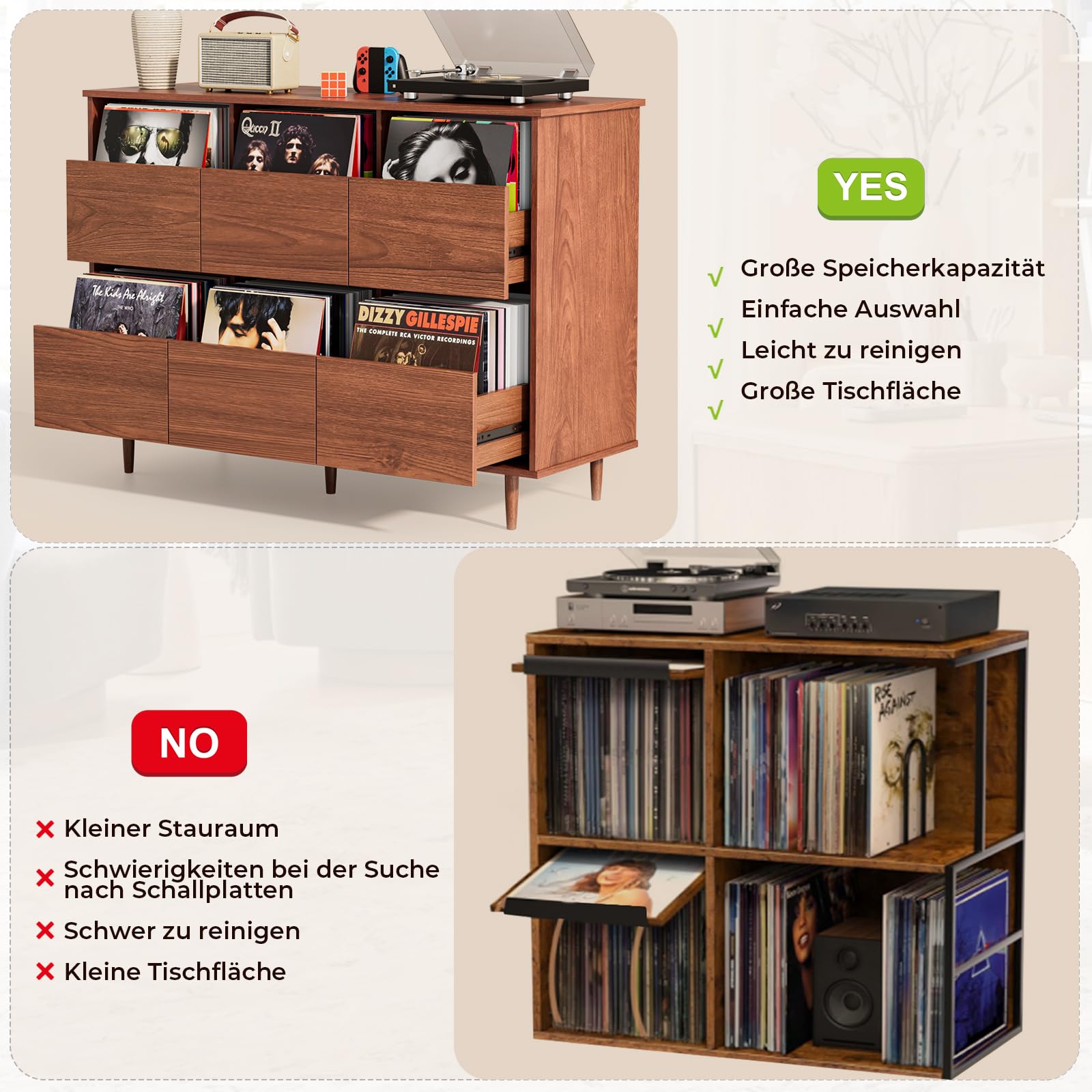BROTTAR Großer Plattenspieler-Ständer 120 cm, Schallplattenaufbewahrung für 17/25/30 cm Platten, Mid-Century Medienschrank mit Schubladen, Schallplattenhalter für Wohnzimmer & Musikecke, Braun