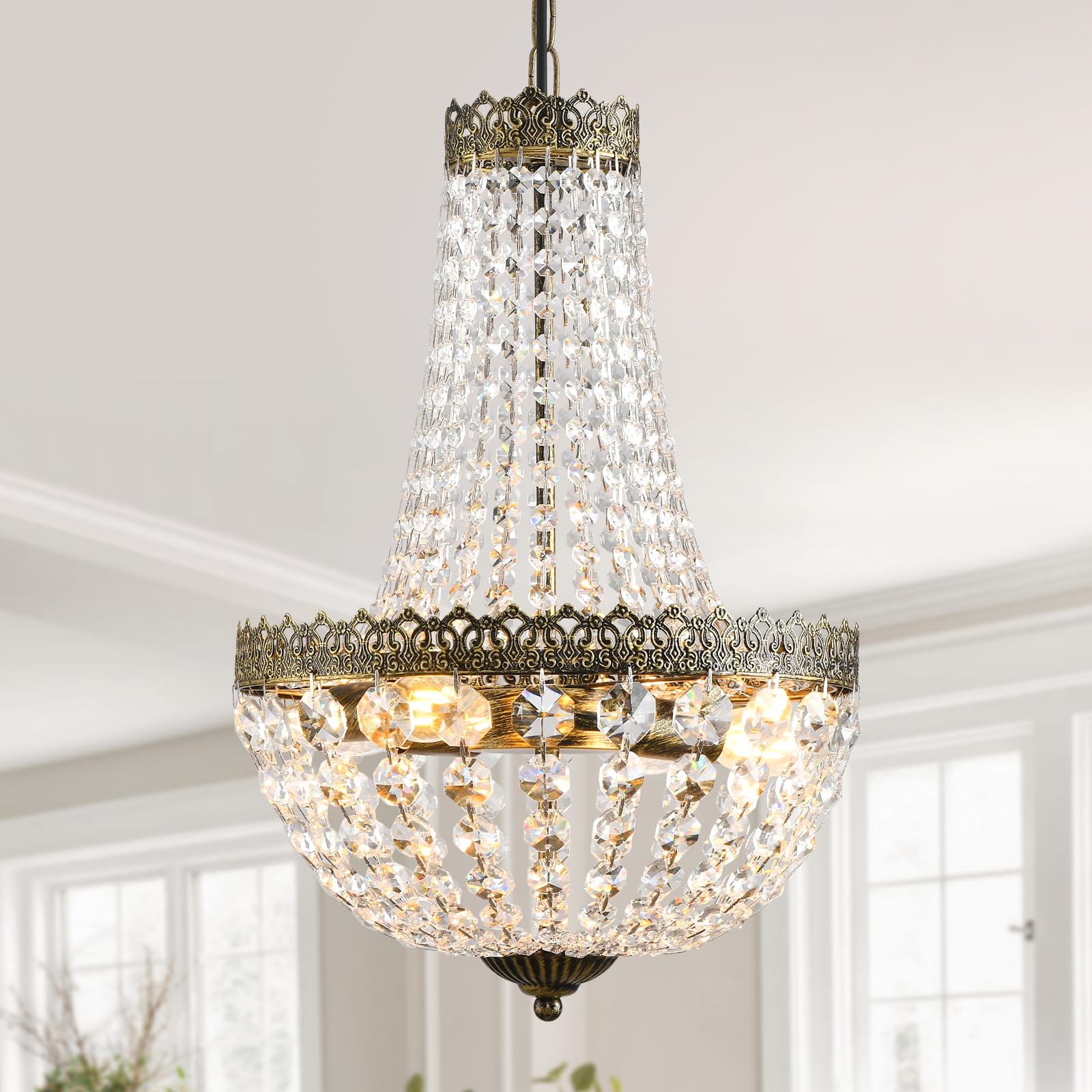 4 Lights French Empire Mini Crystal Chandelier Farmhouse Pendant Lighting,Antique Brass Finish Ceiling Light Fixture for Dining Room Bedroom Foyer Living Room, W12.6 x H19.7
