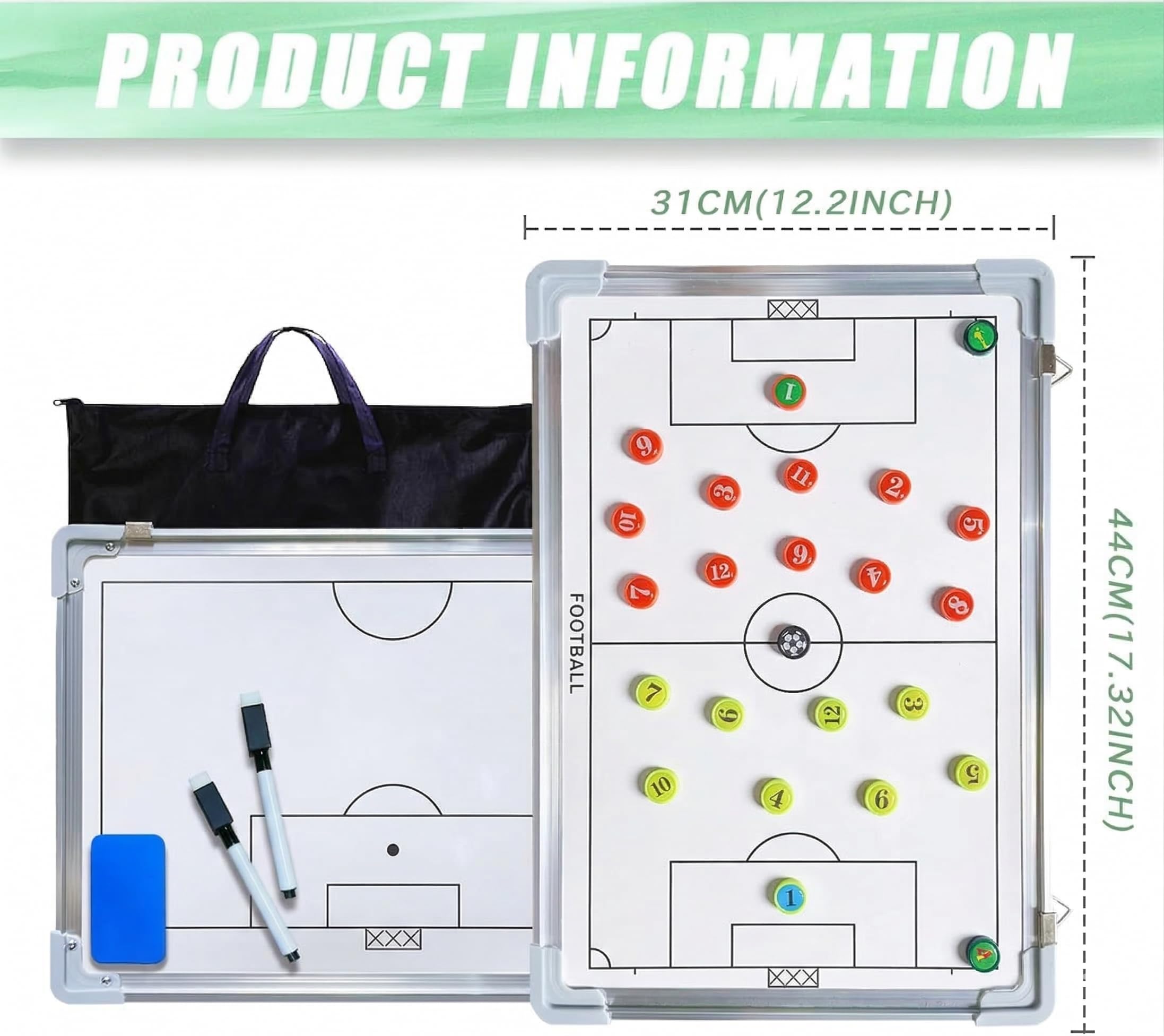 CREADY® Lavagna Allenatore di Calcio 44 x 31 cm, Cartella Tattica per Allenamento, Regali per Allenatori, Lavagna Magnetica Calcio, Lavagna Calcio Allenatore con Schede Magnetiche e Accessori