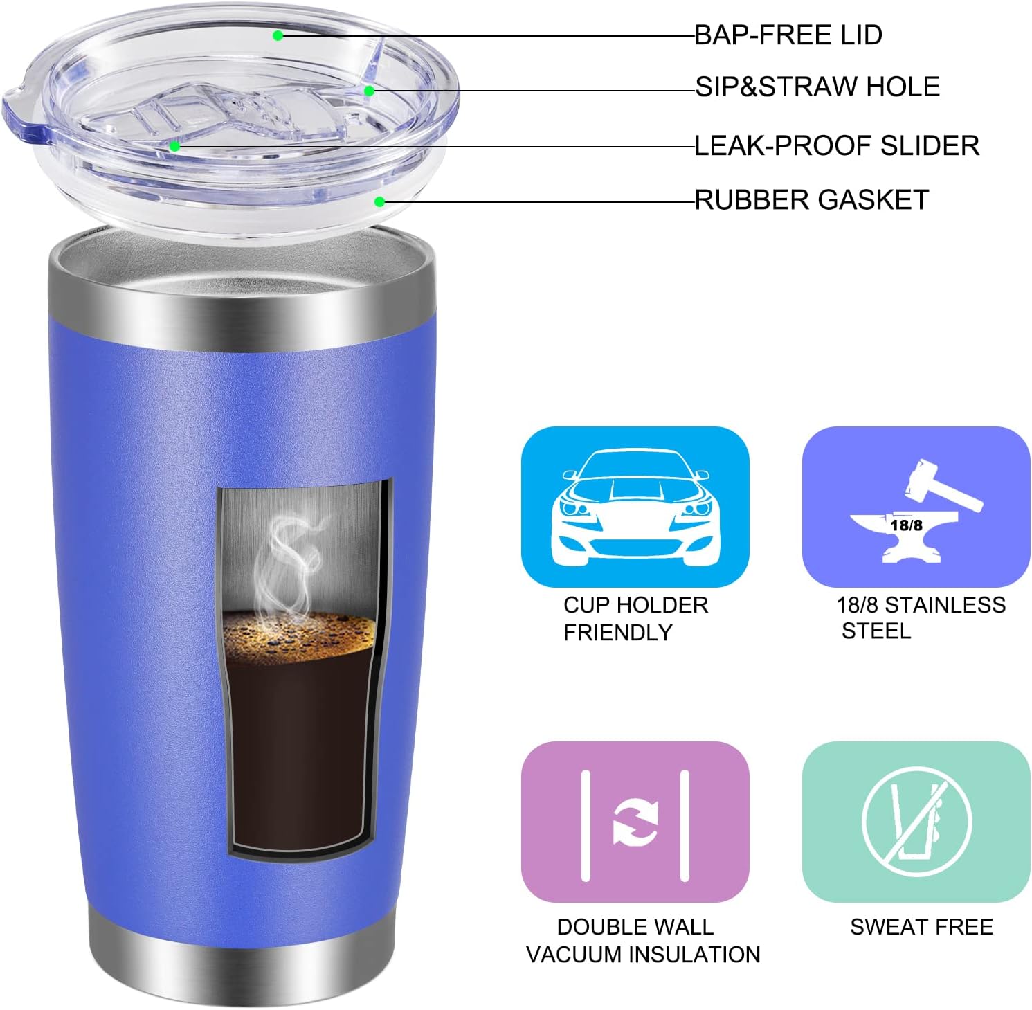 VEGOND 20oz Tumbler with Lid and Straw Stainless Steel Tumbler Cup Vacuum Insulated Double Wall Travel Coffee Mug Powder Coated Coffee Cup (Bluish Violet 1 Pack) - Image 2