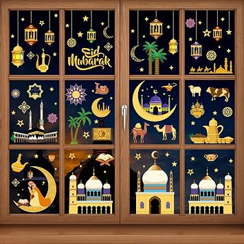 111 Pieces Ramadan Window Clings PVC Stickers,Ramadan Eid Mubarak Static Stickers Muslim Mosque Pelita Moon Removable Window Showcase Decals Decorations for Islamic Eid al-Adha Muslim Party,9 Sheets