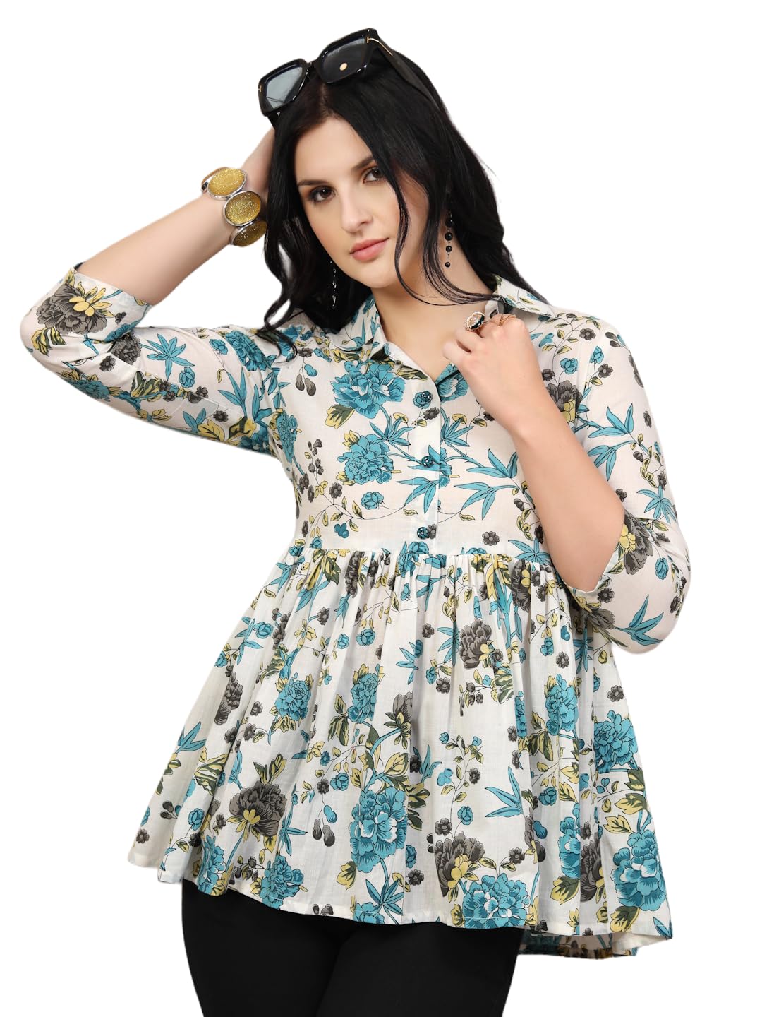 god bless Women's Floral Print Cotton Peplum Top | Shirt Collar Neck | 3/4 Sleeves | Casual Tunic Top for Women-picture-4