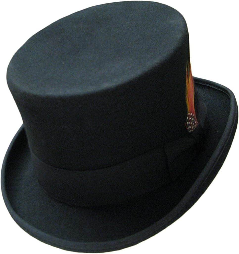 Maz Accessories Black 100% Wool Felt Hand Made TOP HAT with Satin Lining Bow Band and Feather (Medium (57cm))