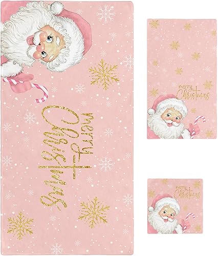 Juego de toallas de baño de Navidad con diseño de Papá Noel, suaves, absorbentes, con patrón de copos de nieve, para baño, 1 baño, 1 mano, 1 toallita