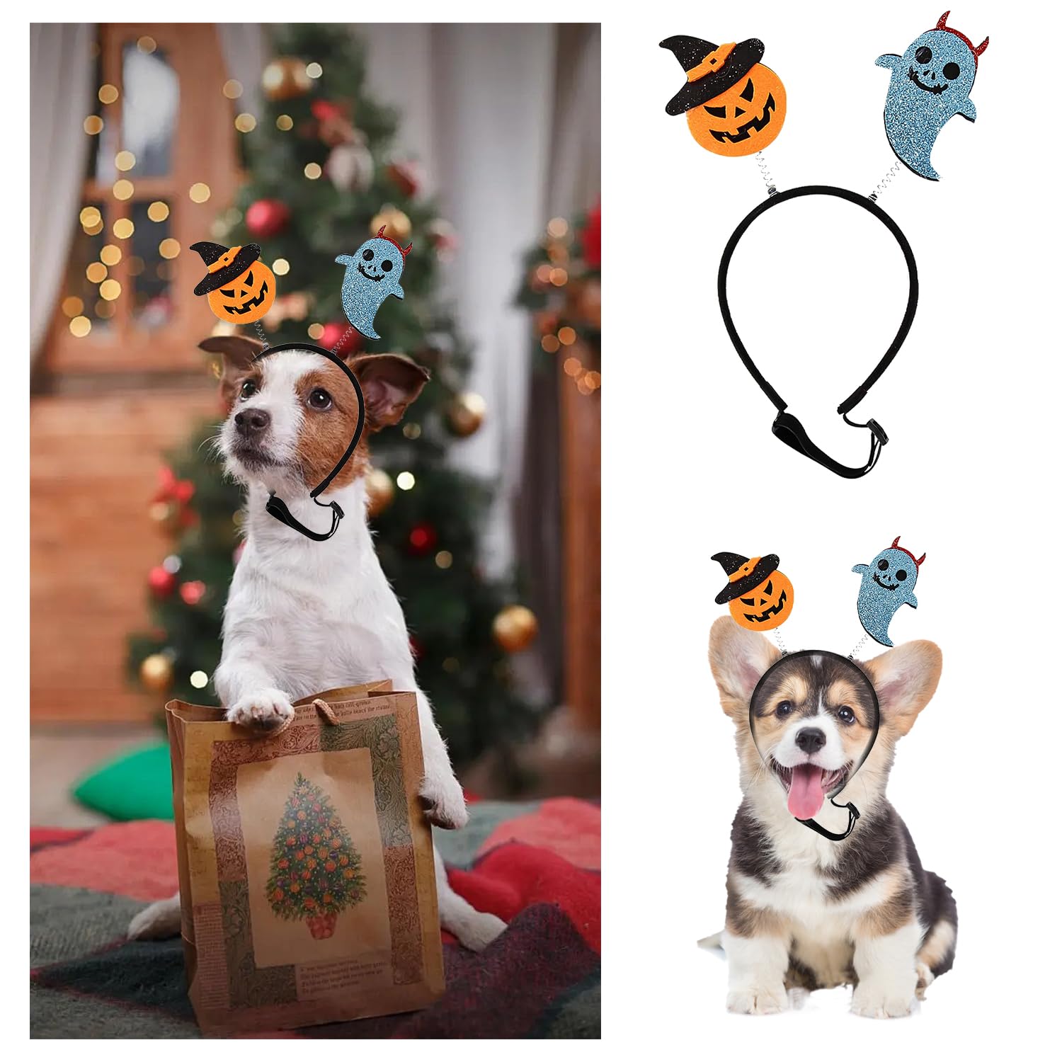 Bohue 3 Pieces Dog Halloween Headband Adjustable Head Band Ghost Spider Pumpkin Hairbands Pet Halloween Costume Accessories for Small Medium Cats Dogs - Image 3