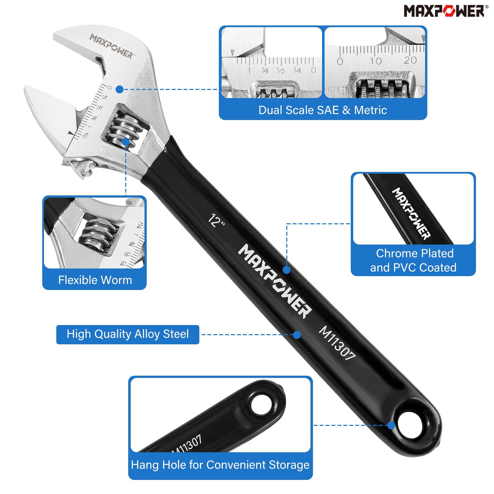 MAXPOWER Set di chiavi regolabili, 4 chiavi regolabili da 15,2 cm, 20,3 cm, 25,4 cm e 30,5 cm, scale metriche e SAE, ganasce extra larghe e chiavi morbide