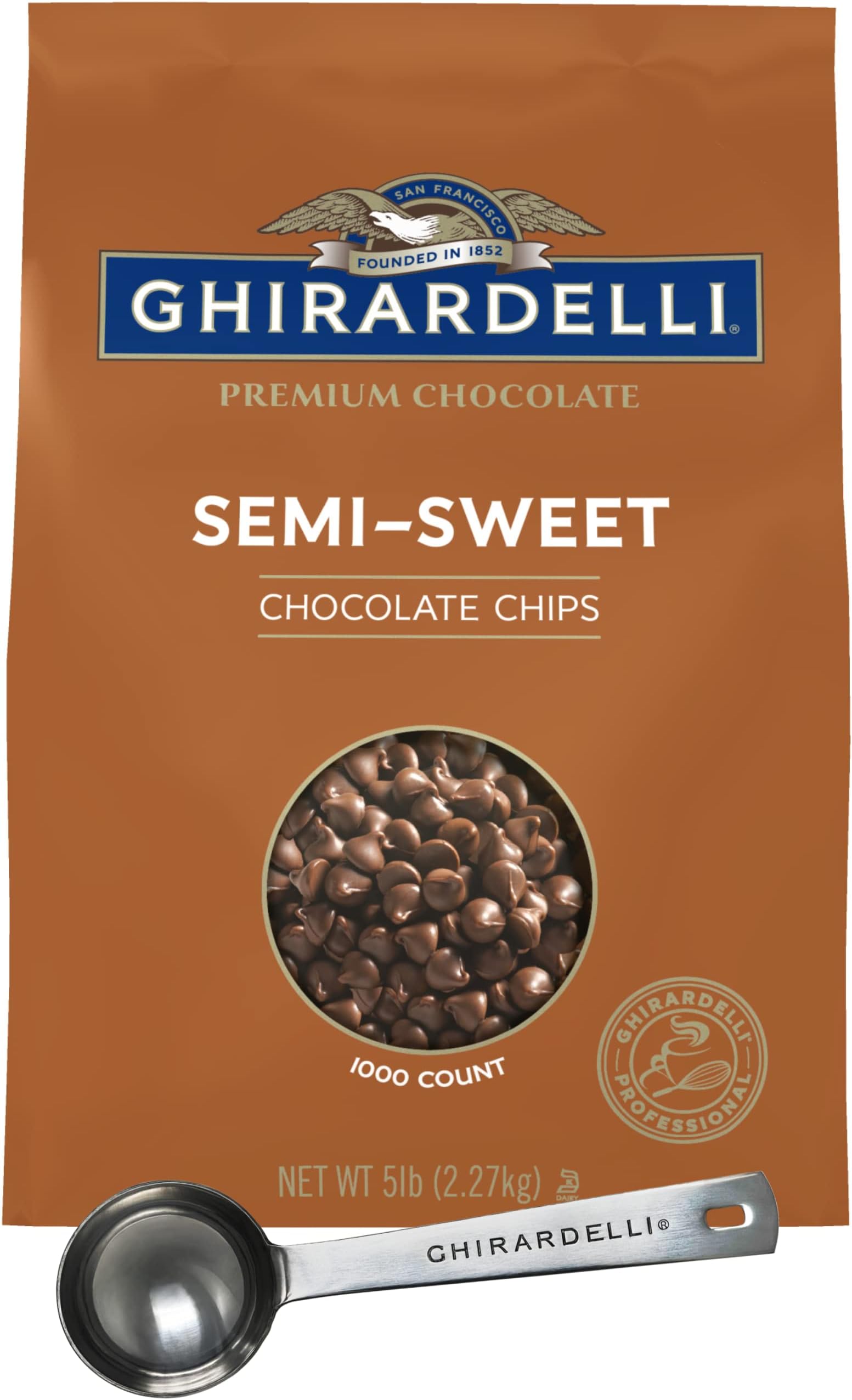 Ghirardelli Semi-Sweet Chocolate Chips, 5lb bag with Ghirardelli Stamped Barista Spoon