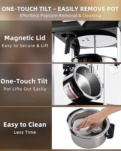 Miniatura 4 de Máquina de palomitas de maíz de 10 onzas con hervidor fácil de desmontar, carrito de máquina de palomitas de maíz hace 40 tazas, estilo cine,