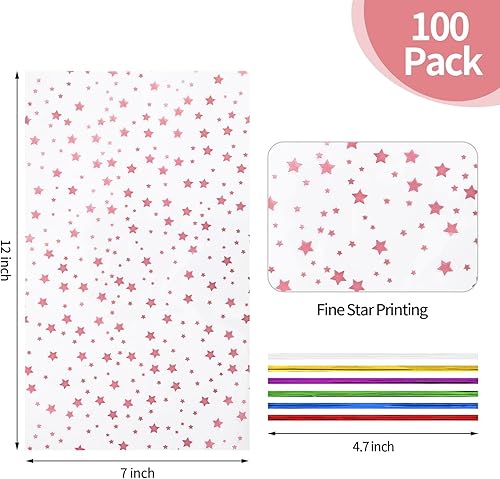 Miniatura 250 de COQOFA 100 bolsas de regalo de estrella rosa de 7 x 12 pulgadas, bolsas de regalo de celofán, bolsas de regalo de fiesta, bolsas de plástico Rosado