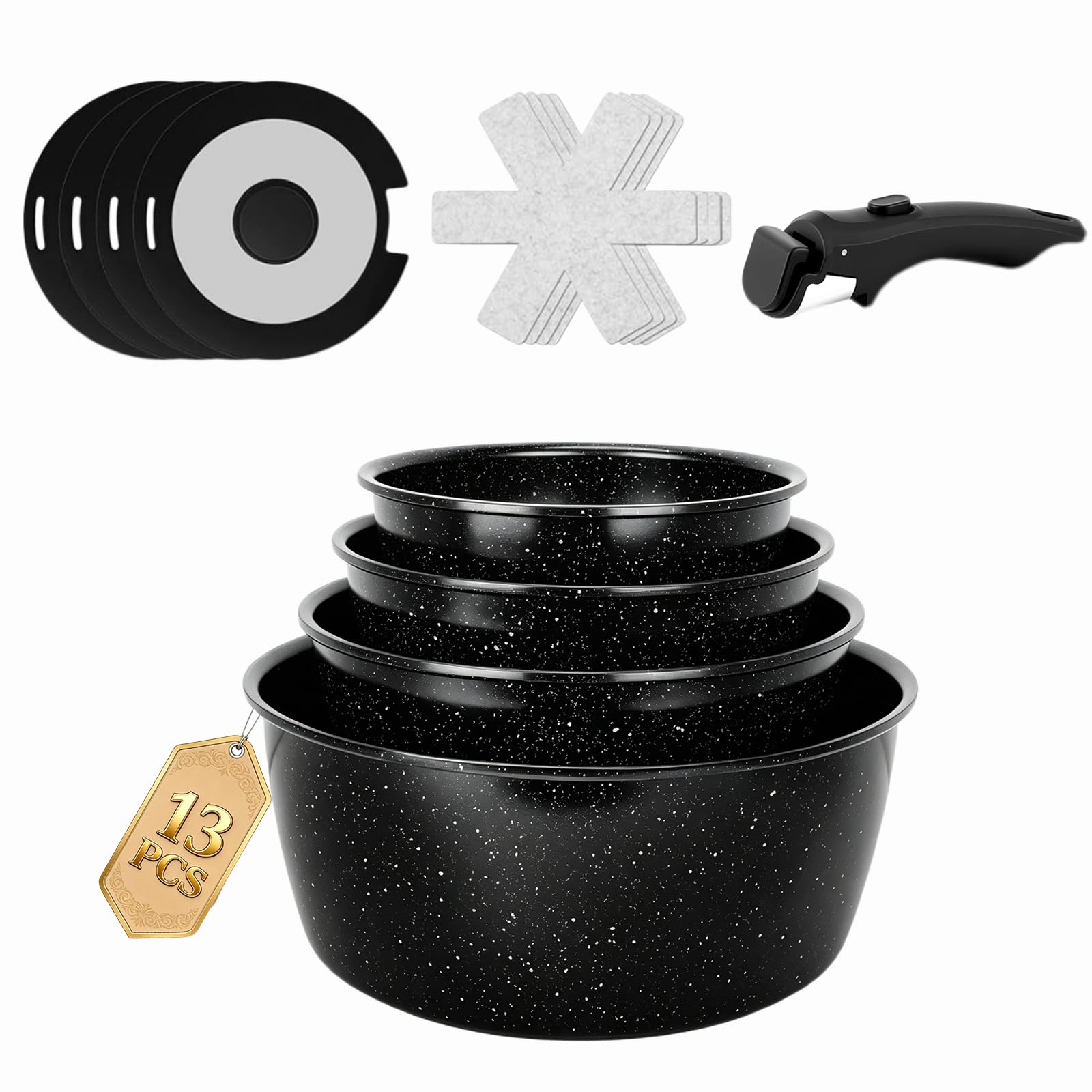 Colourcoco 13-teiliges Topfset Induktions - Antihaftbeschichtetes Kochtopf set mit Abnehmbarem Griff, Ofenfest & für alle Herdarten Geeignet – Ideal für Zuhause, Camping und Picknick, Schwarz
