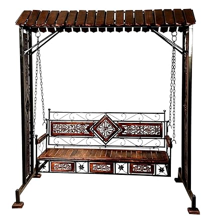 IMPRESSION ART STORE 2/3 Seater Mango Wood & Wrought Iron Swing Jhoola for Balcony Garden Jhula Outdoor/Indoor Hammock for Relaxation Elegant Intricate Design - Natural Brown & Black (Model/Sise - 6)