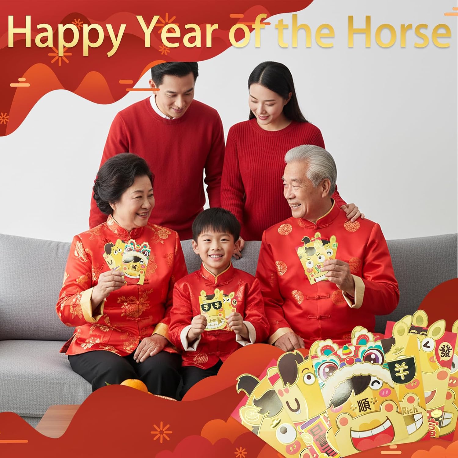 48Pcs Chinese Red Envelopes 2026,Asian Lunar New Year Cartoon Horse Envelope Foldable Small Lucky Money Envelopes Horse Year Envelope Red Packet Hongbao for Spring Festival Birthday Wedding Supply